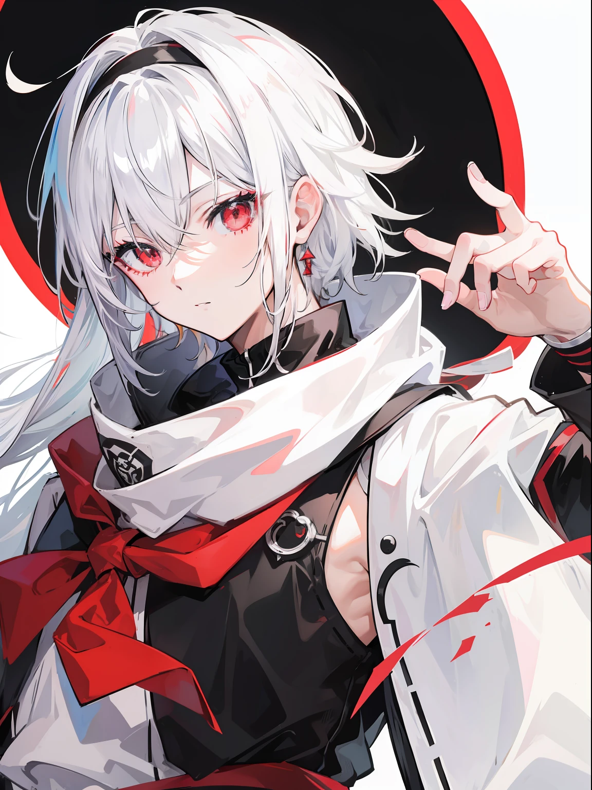 Anime boy white hair black costume portrait bust、black bandana、Red Eyes、Best Anime、Waru Anime、male people、high quality anime art、