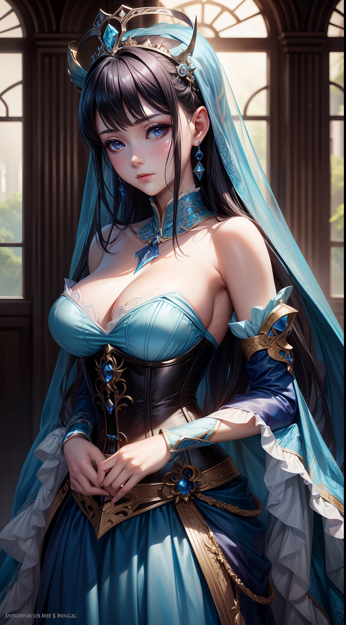 There was a woman wearing a corset and a blue dress, Portrait of Fan Bingbing, Artstation contest winner, Fantasy art, 3 D CGI anime fantasy artwork, a beautiful fantasy empress, 8K high quality detailed art, Epic fantasy art style HD, Fantasy art style, detailed fantasy digital art, detailed fantasy art, ((a beautiful fantasy empress))