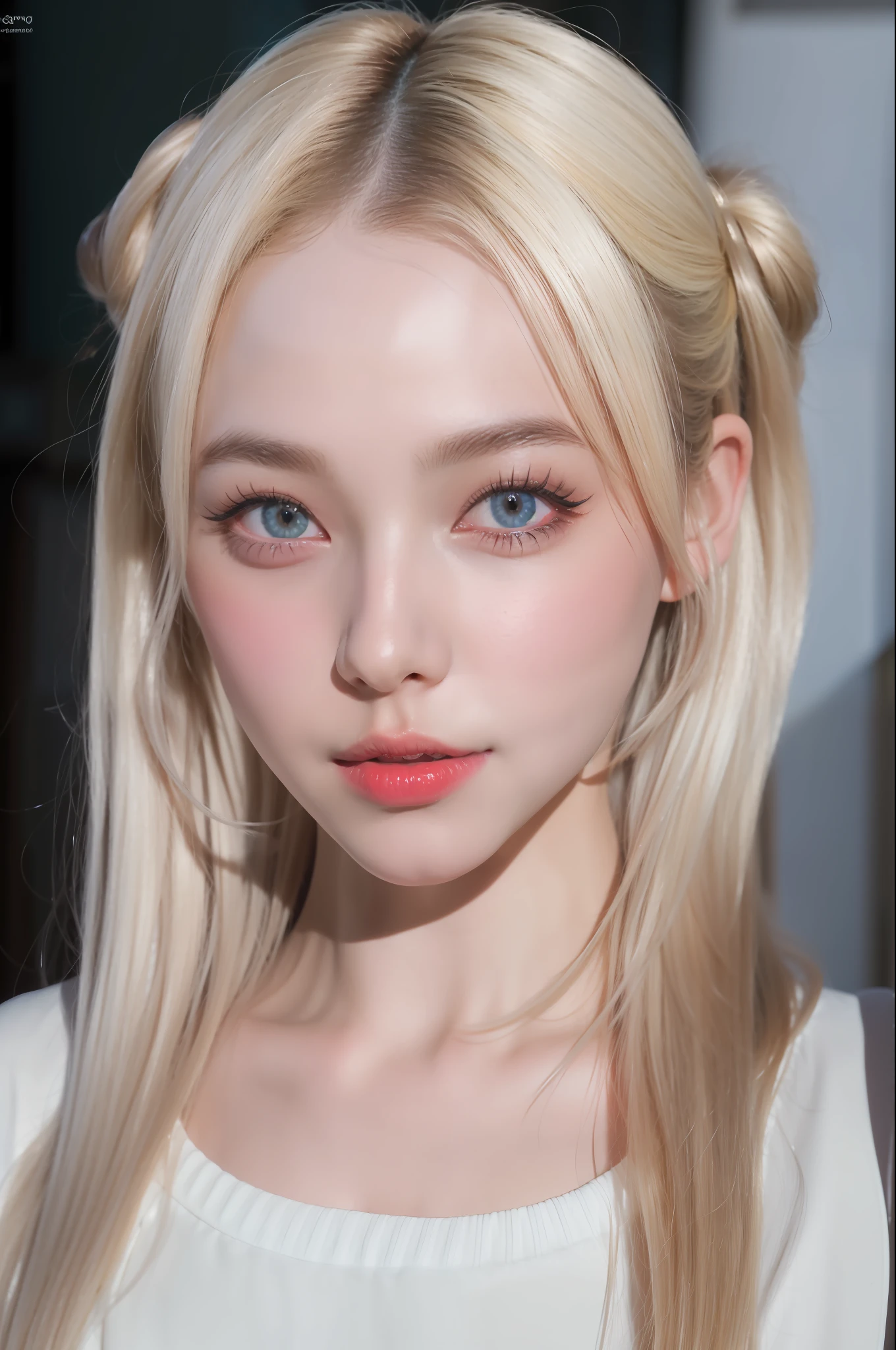 (8k, 4k, best quality, highres, ultra high res:1.1), (masterpiece, realistic, photo-realistic:1.1), 1girl, face, close-up, twintails, blonde hair, black eyes, red lips, (looking at viewer:2), absurdly long hair, long eyelashes, eyeshadow, small face, big eyes,
bare shoulders,
high contrast,