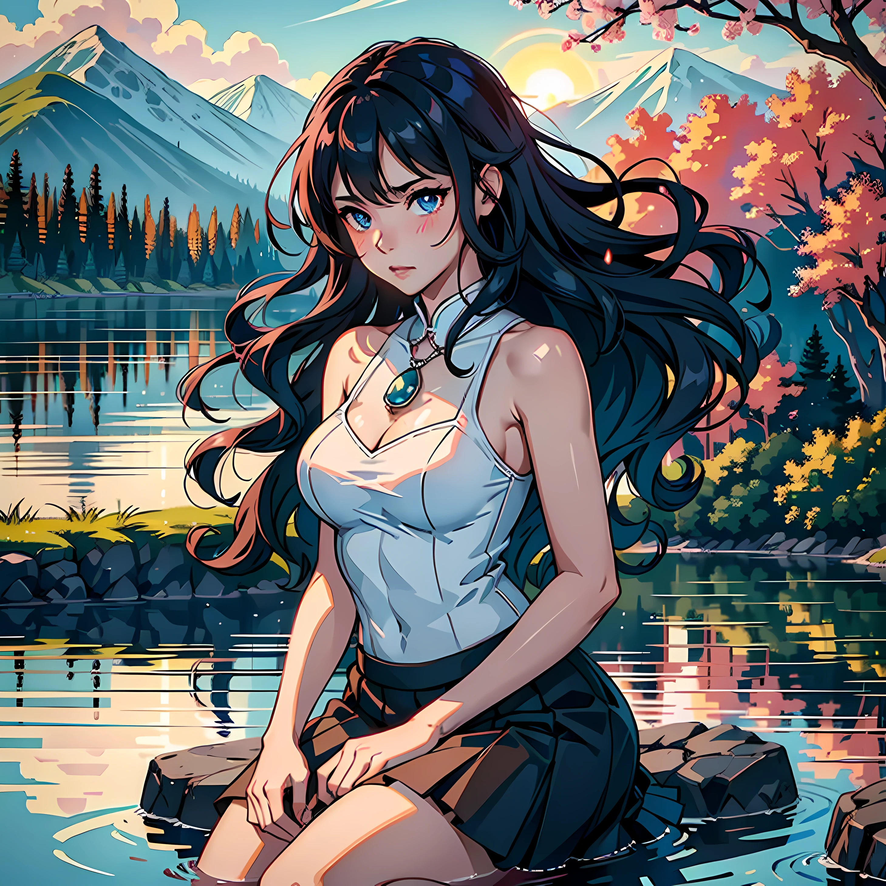 1个Giant Breast Girl,Pitiful expression,mesmerizing eyes,Curly hair,Flowing skirt,A calm posture,Porcelain-like skin,Subtle blush,Crystal Pendant BREAK Prime Time,(edge lit):1.2,a warm color palette,sunflare,soft shade,vivd colour,painterly effect,Fantastic atmosphere BREAK scenic lake,Far Mountain,the cherry trees,Calm water surface,Reflectors,Sunlit clouds,tranquil ambiance,Idyllic sunsets,ultra - detailed,offcial art,统一 8k 壁纸