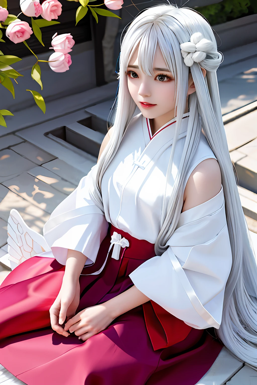High definition 8K，tmasterpiece，long whitr hair，Silvery-white hair（Bring a small amount of color），二重まぶた，Willow eyebrows，pink face，White skin of the，insidious，standing on your feet，The body is perfectly curved （pushing up：1.3），red long skirt，White yarn T-shirt，Three pairs of transparent wings，Good lighting，Look down from a high angle，In front of the ancient palace，