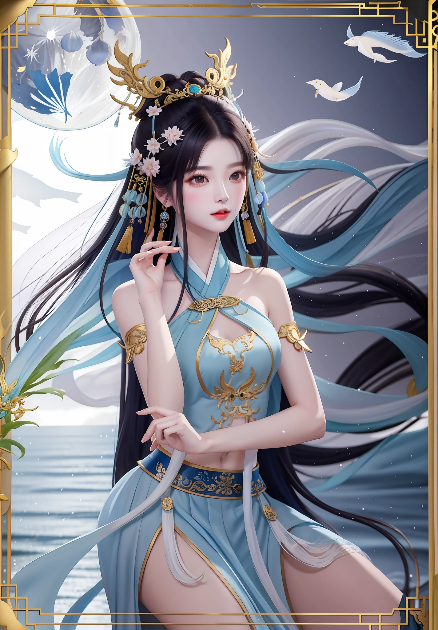 Woman in blue dress on full moon, inspired by Du Qiong, Inspired by Lan Ying, Beautiful character painting, full-body xianxia, queen of the sea mu yanling, Inspired by Qiu Ying, Inspired by Li Tang, inspired by Ju Lian, a beautiful fantasy empress, inspired by Zhao Zuo，There are no ornaments on the arms，Bare shoulders, Belly button legs，White legs