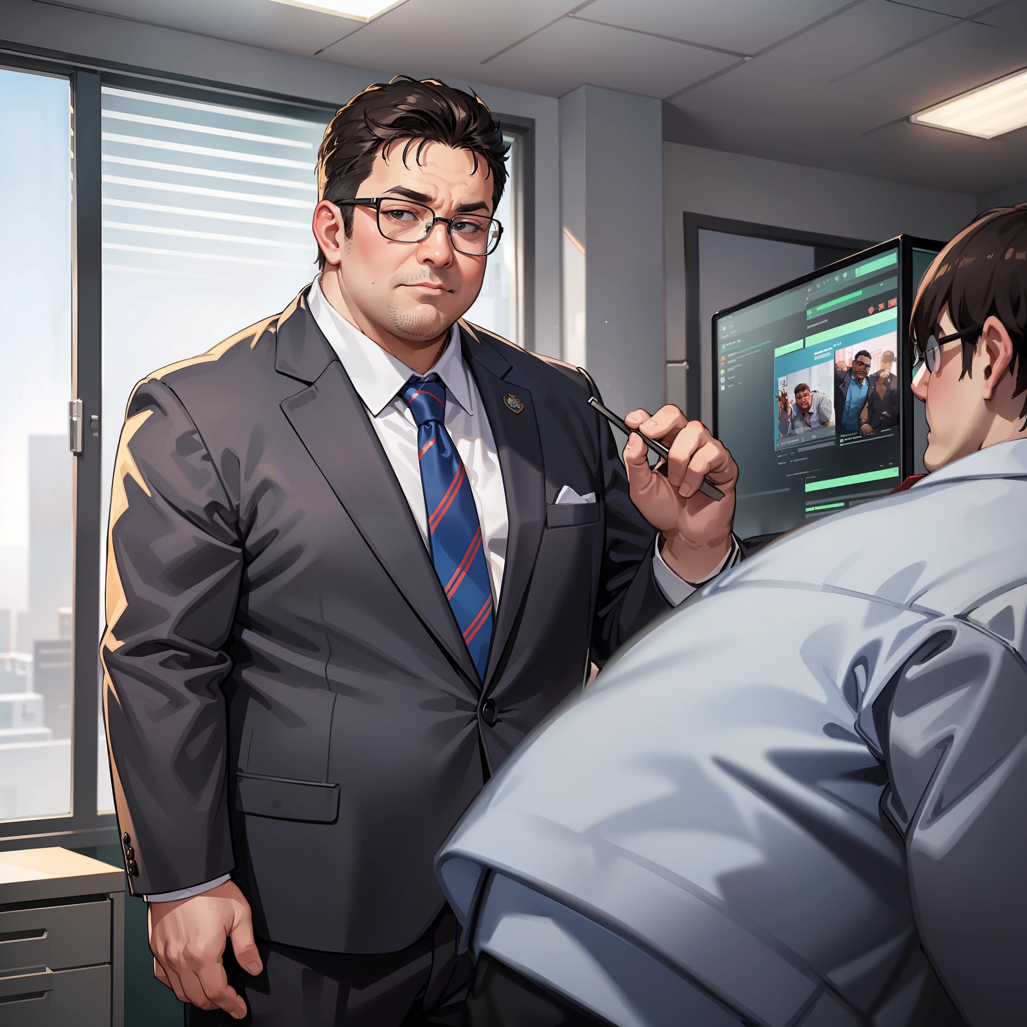 (A fat, greasy middle-aged man in a suit, reprimands)
(A young man in a suit with glasses)
(In the office)