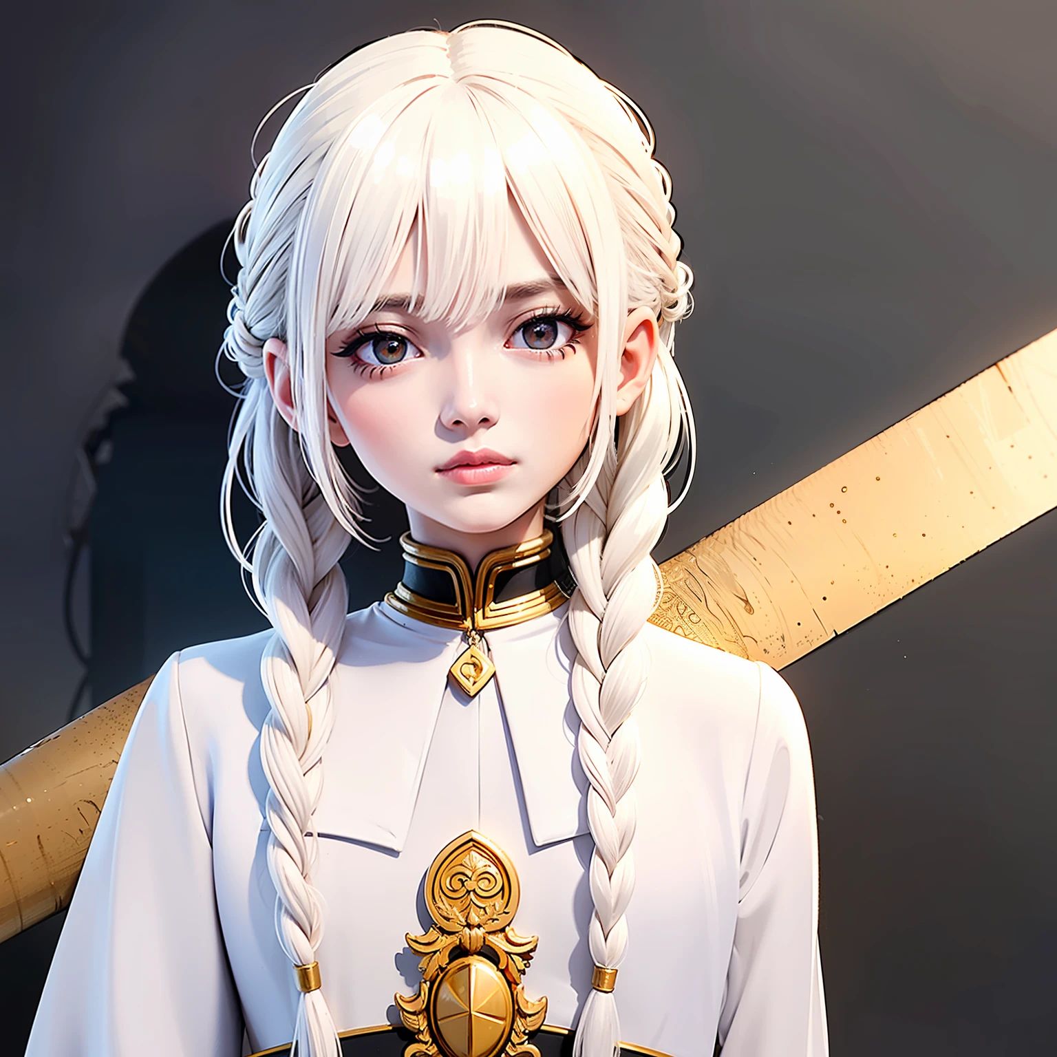 best quality, masterpiece,white hair, gold eyes,white clothes, looking up, upper body,hair strand,Fair skin,side braids --auto