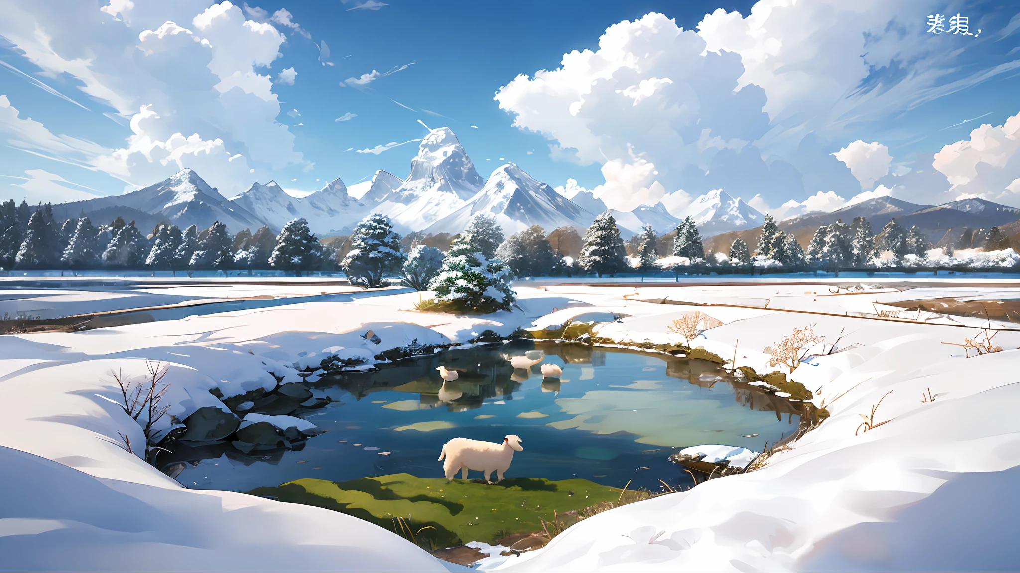 夏天,grassy fields,clear lakes,sheeps,a paradise,large clouds,blue-sky,HD ultra-detail,Wet watermark movie,ultra-realistic realism,Soft light,Deep field focus bokeh,Vista of snowy mountains,Ray traching。