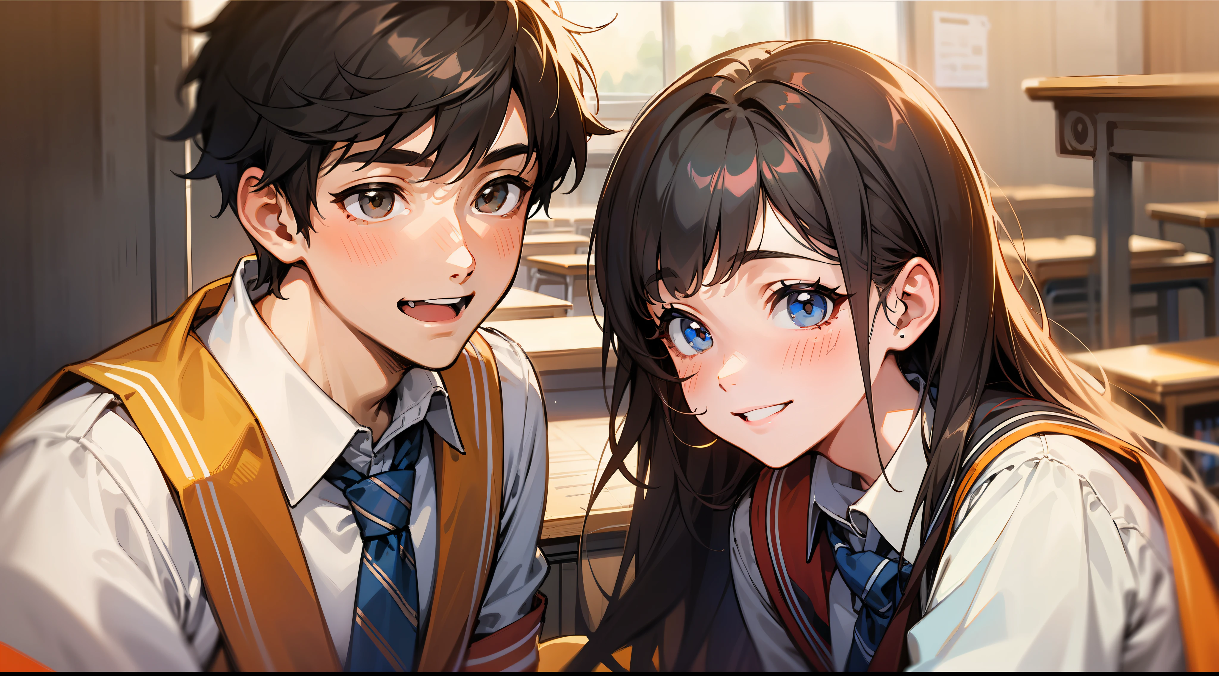 a boy and a girl, students, uniforms, love, smiles