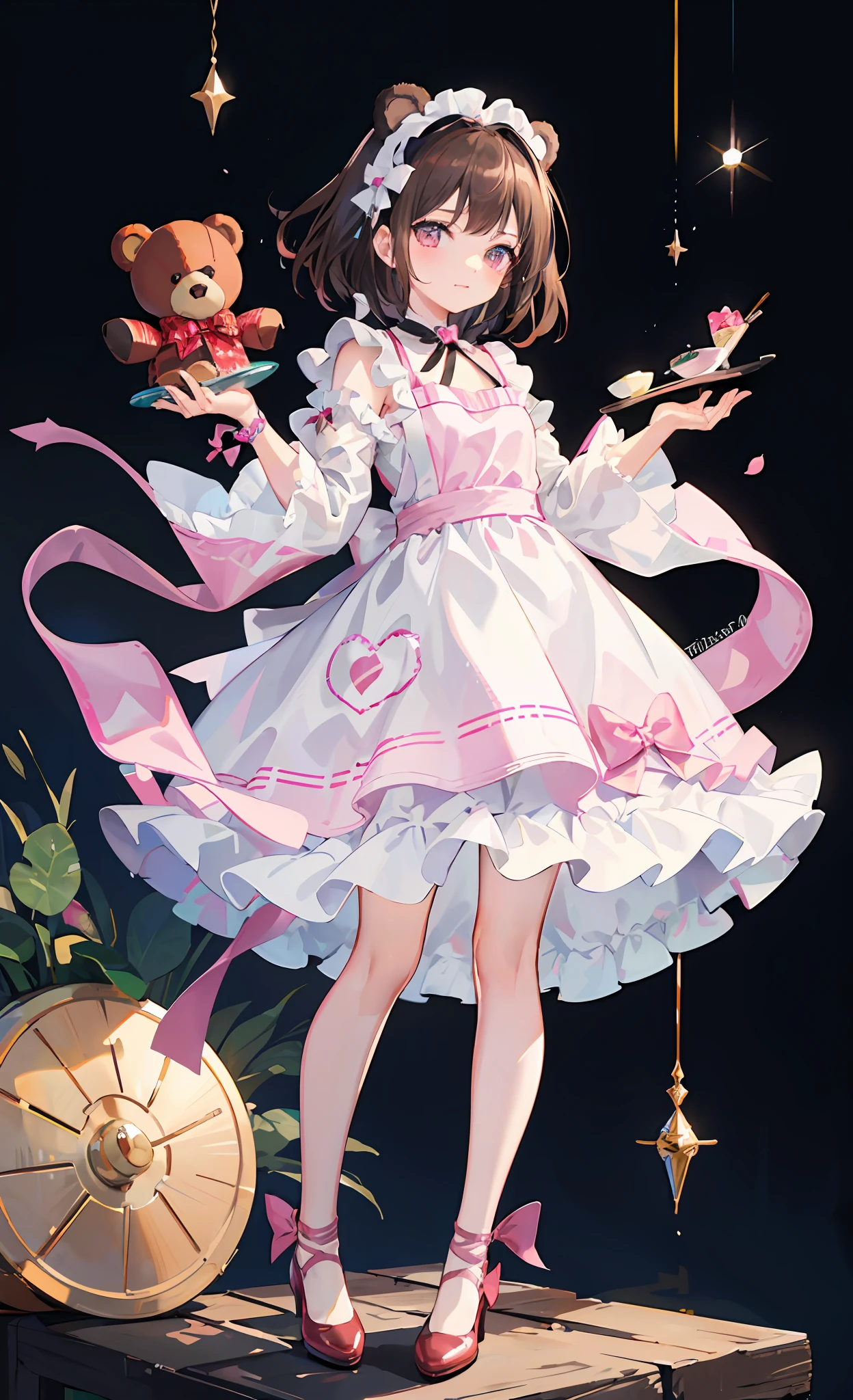 ((Masterpiece: 1.4, Best Quality))+,(Ultra Detail)+, Official Art, Unity 8k Wallpaper, Ultra Detailed, Beautiful, High Quality, Beautiful, Masterpiece, Best Quality, Pink Blue Dress, Fresh Color, Bow, Ribbon, (((Bear Handheld)), ((Brown Teddy Bear)), Handheld, Doll, Doll, Candy Decoration, Misty, Lolita, Little Princess, (Flat Chest), Full Body, Standing Painting, White Background, Plaid Apron, Side Straps, Princess Shoes, Bear Ears Headband
