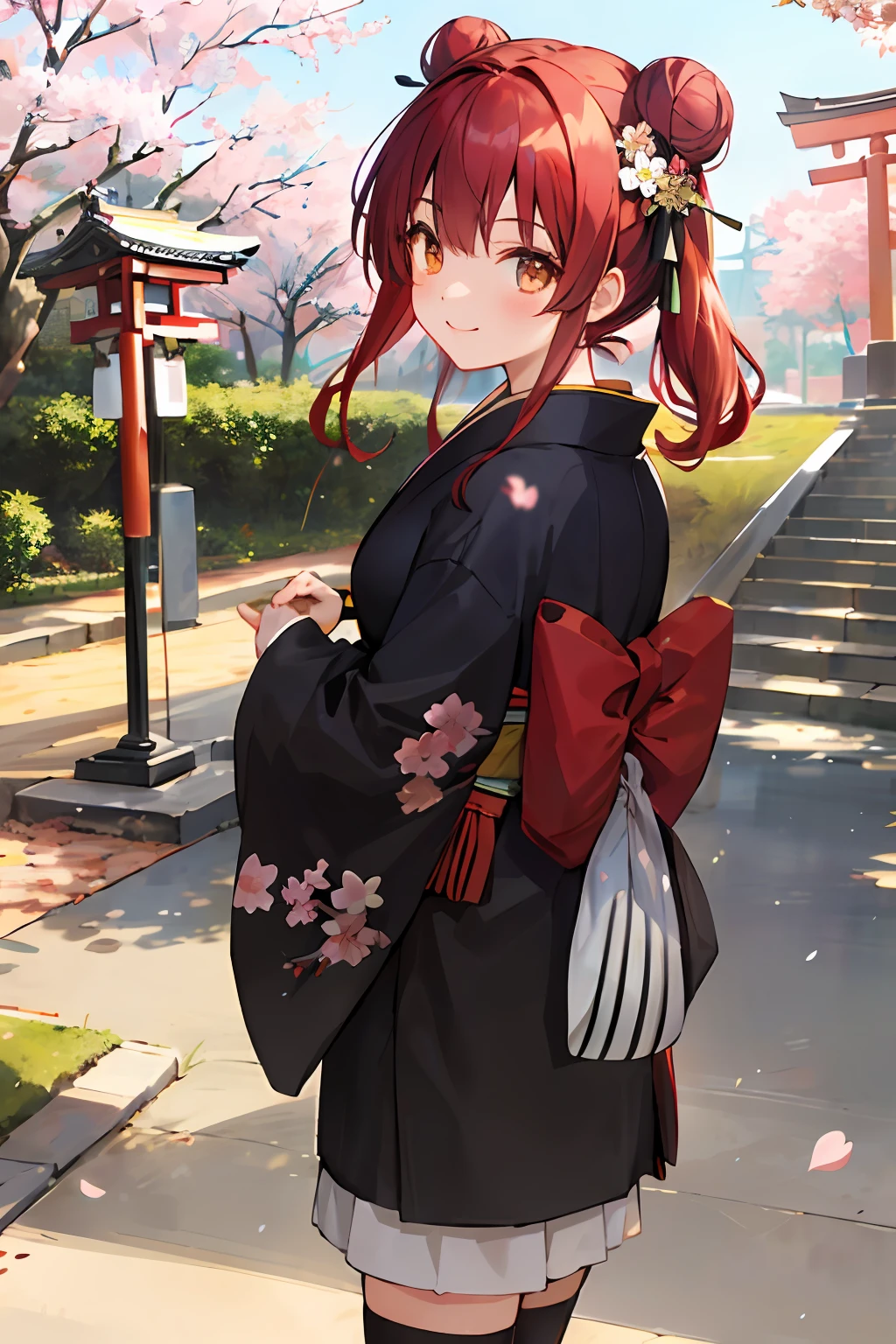 Japanese girl with long red hair in kimono，Stand under the cherry blossom tree and smile back at you