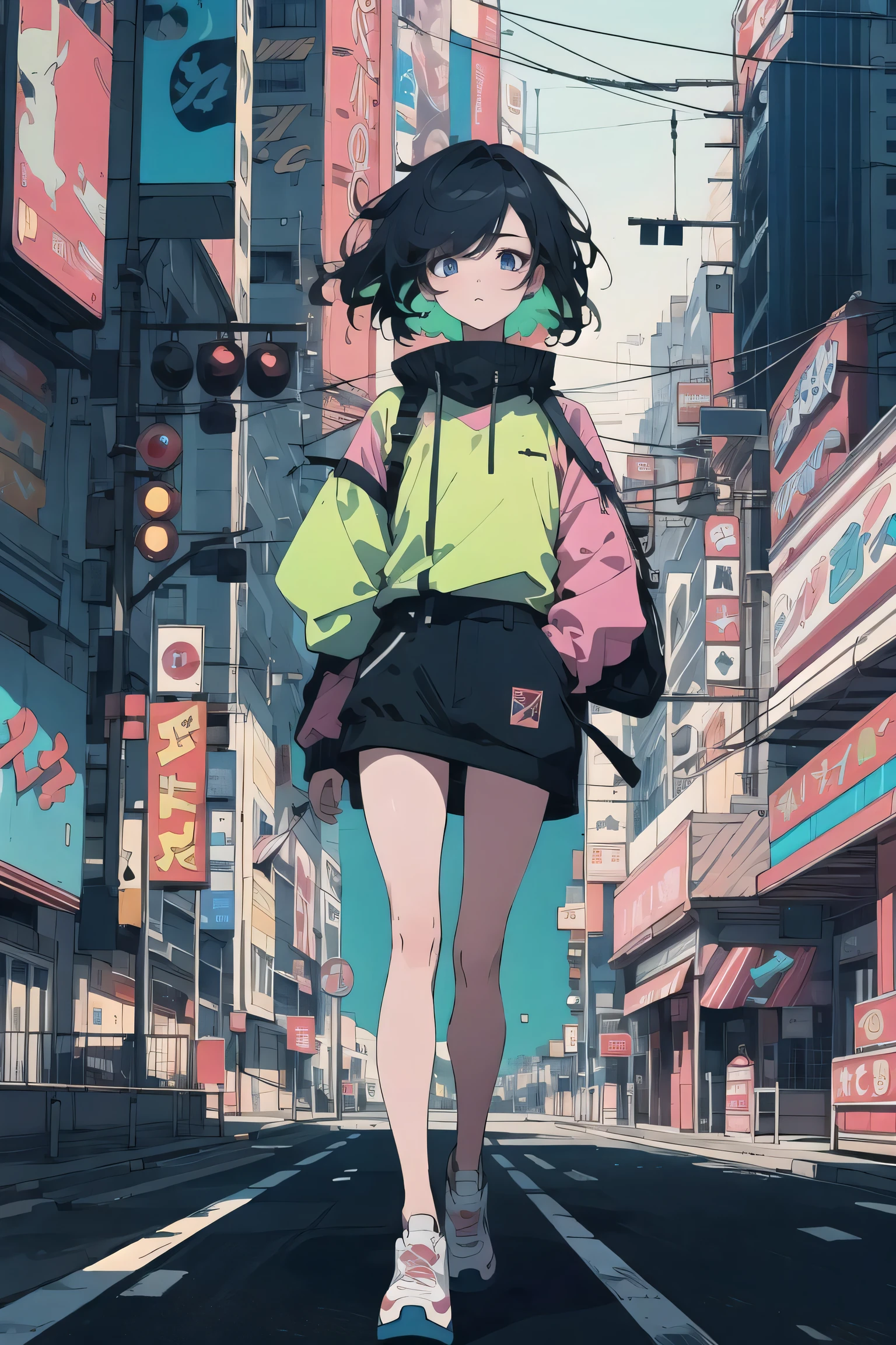 best quality, 4K wallpaper, masterpiece, extremely detailed CG unity 8k wallpaper, extremely detailed eyes, ultra-detailed, intricate details, 1girl, retro art style, neon_pop art style, public, outdoors, road sign, city,