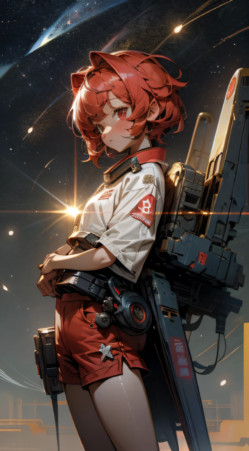chibi,red shorts,short_hair,mecha girl,Chinese style,sunlight,three sided view,standing,starry sky,clusters of stars,{best quality}, {{masterpiece}}, {highres}, original, extremely detailed 8K wallpaper, 1girl, {an extremely delicate and beautiful},,, --auto