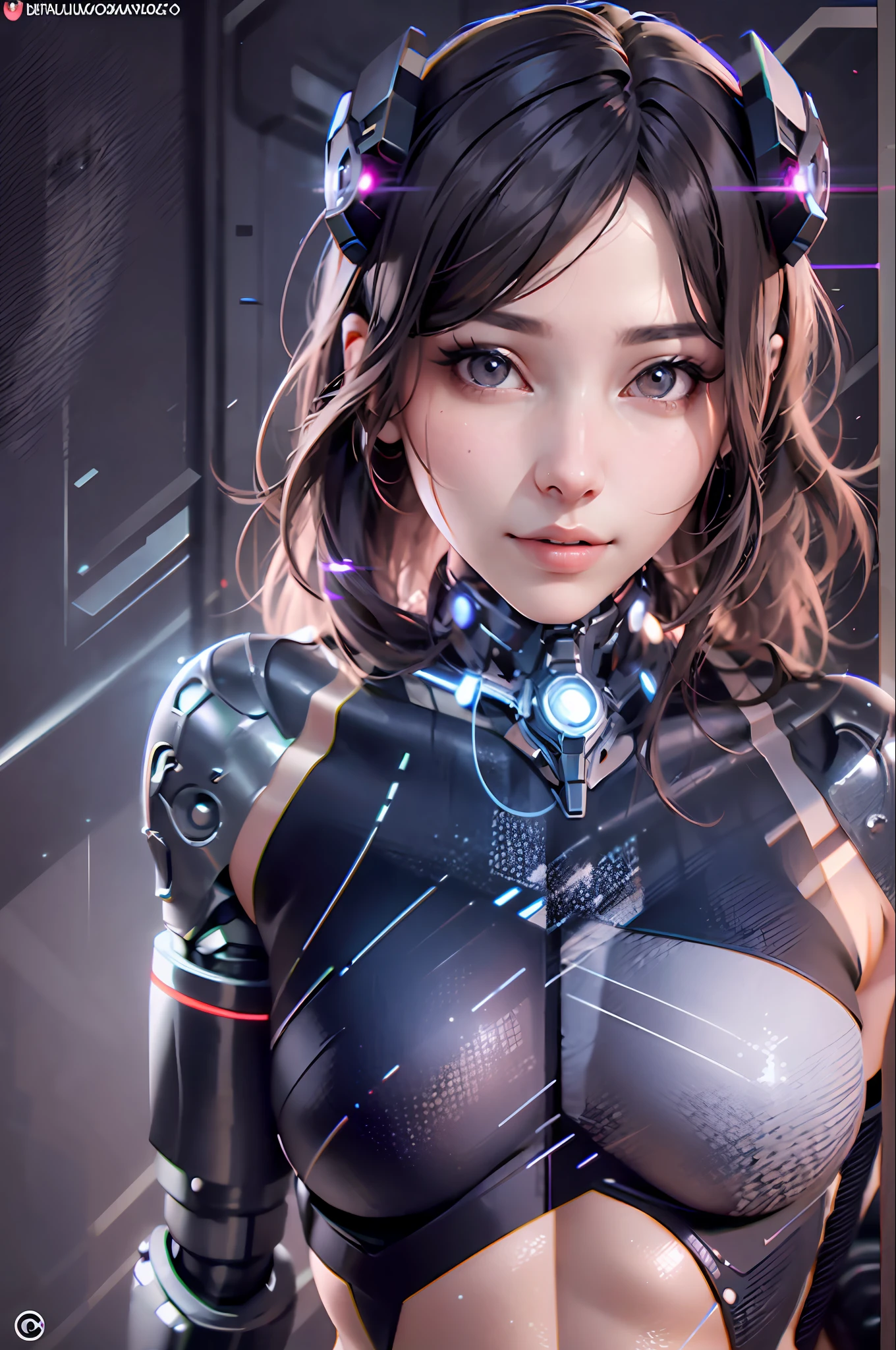 Beautiful cybernetic girl looking at camera underwear detailed muscles realistic masterpiece