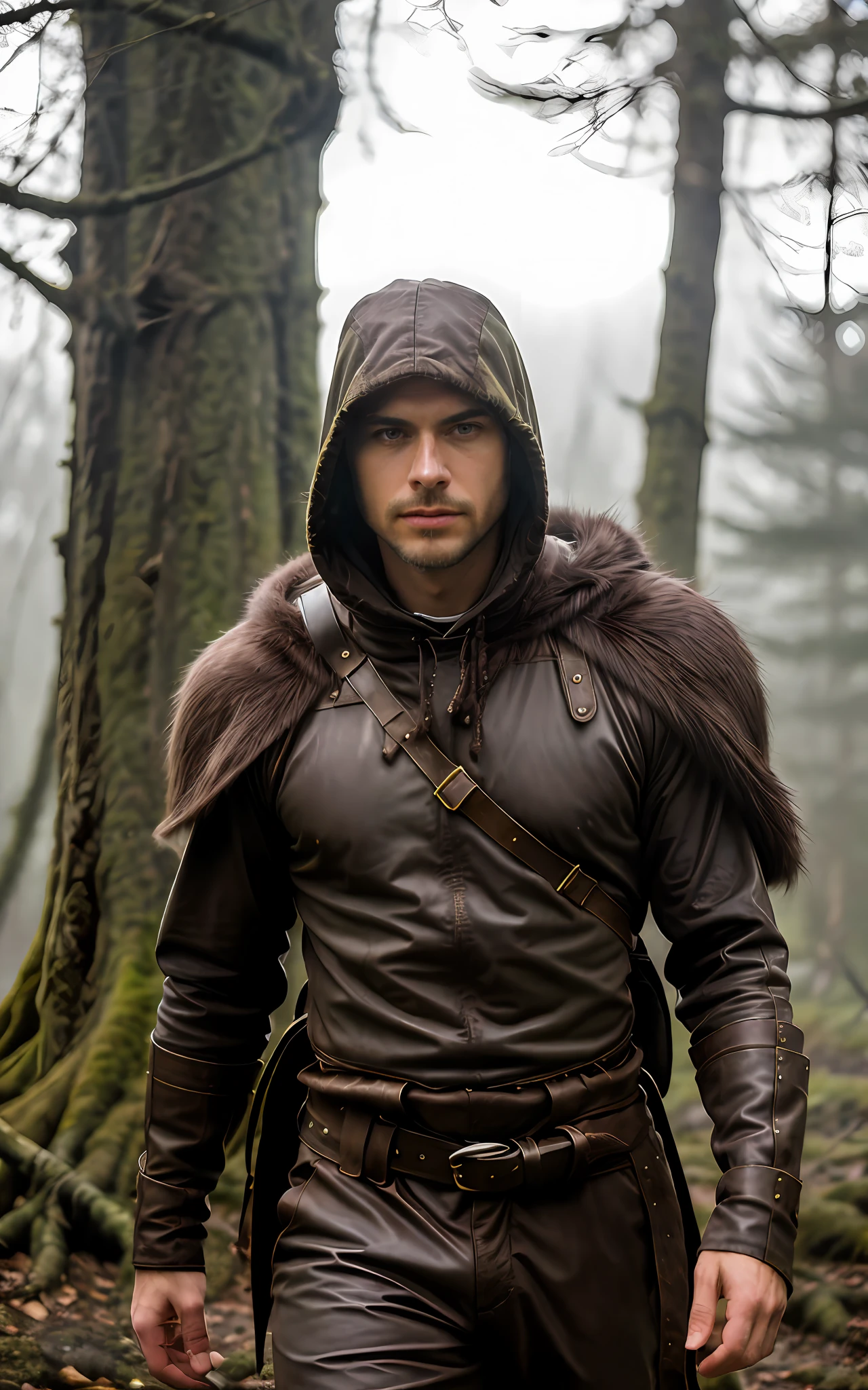 (Award Winning Photo:1.3) of (Masterpiece:1.3), a man, ranger in rainy wood, fur hooded, leather armor with backpack (high detailed skin:1.2), 8k, uhd, dslr, soft lighting, high quality, film grain, Fujifilm XT3, epic, intricate details, hyperdetailed, Highly Detailed