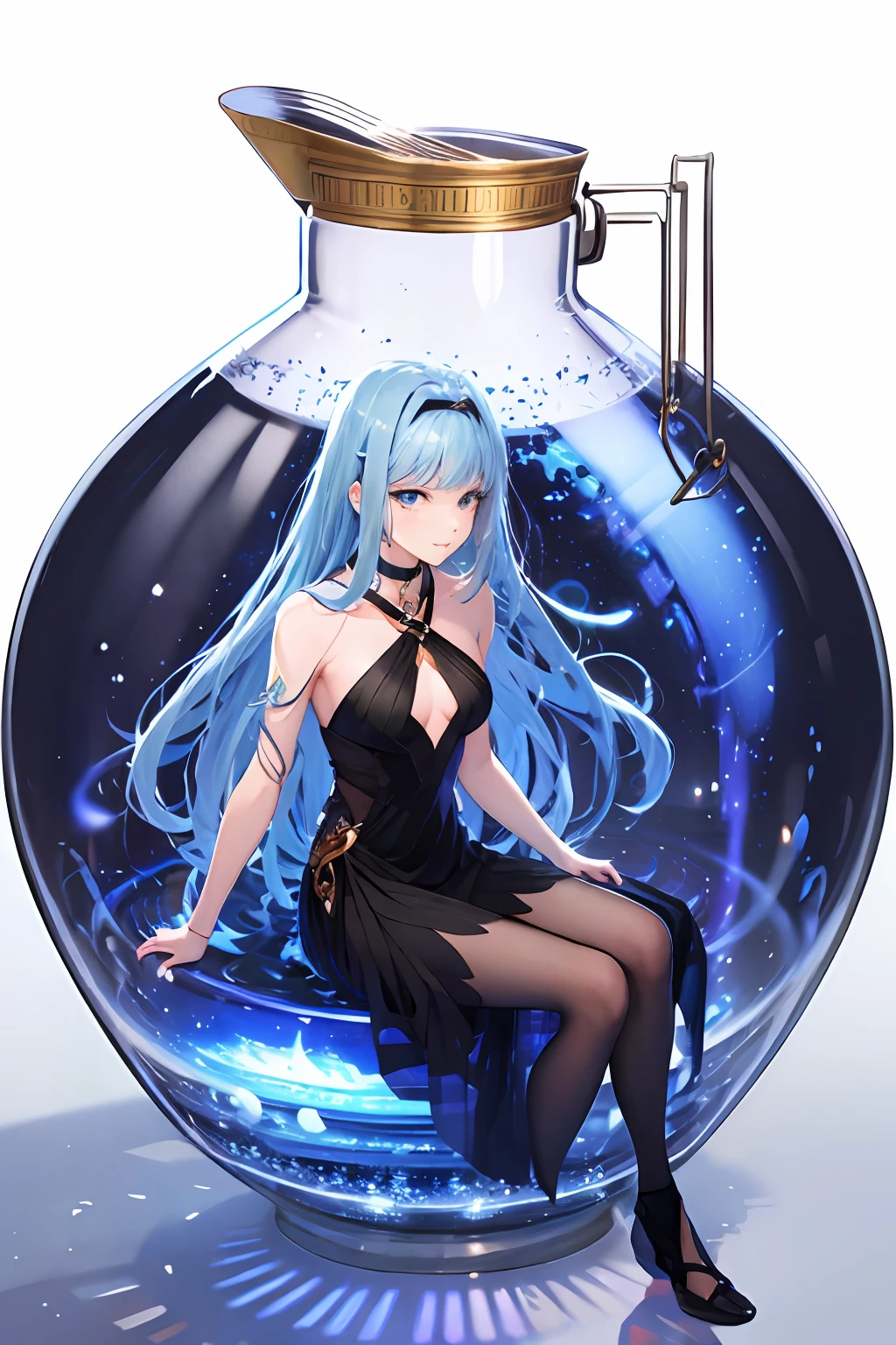 nffsw, cup, ((in container)), (masutepiece:1.6, Best Quality), (finely detailed beautiful eye: 1.2), phyami, Yami Yugi, 1girl in,beautiful fairies,Solo, Sitting, blue hairs, Long hair, Black eyes,Delicate and beautiful eyes、 Bare shoulders, Hair intake, 鎖骨, Choker,halterneck,Collar, hair between eye, criss-cross halter, Black Delicate Lace Dress, Bangs, Very long hair, lightsmile, blue lights