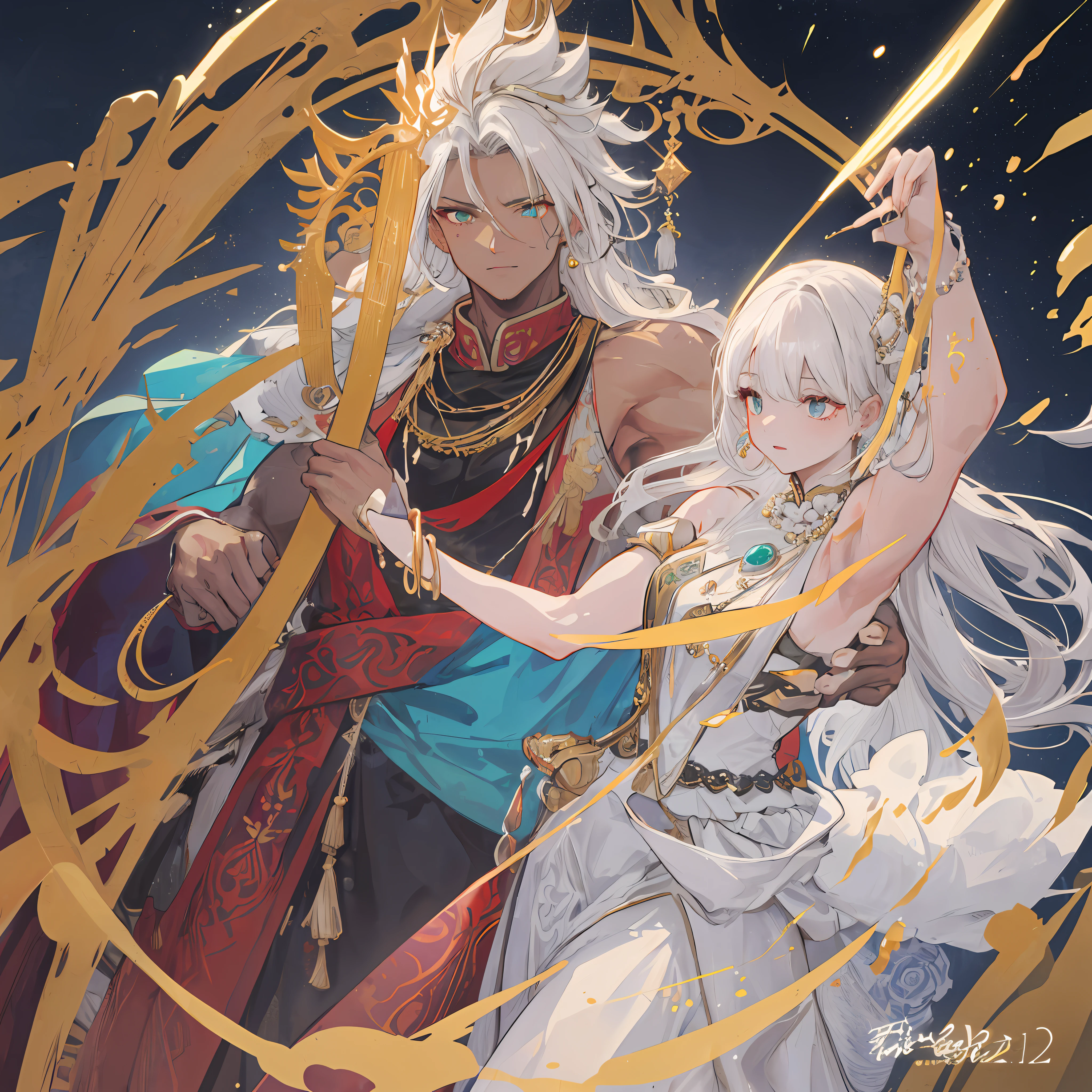 (High-quality stunning graphics:1.2, Pearl jade costume:1.2, Gold Master scene:1.1)，(Strong muscular man:1.3,black-skinned:1.2,Glazed pupils:1.1),Pale hair,Rich jewelry，Dance steps soar among the golden masters,shot from a far distance,Shining brightly