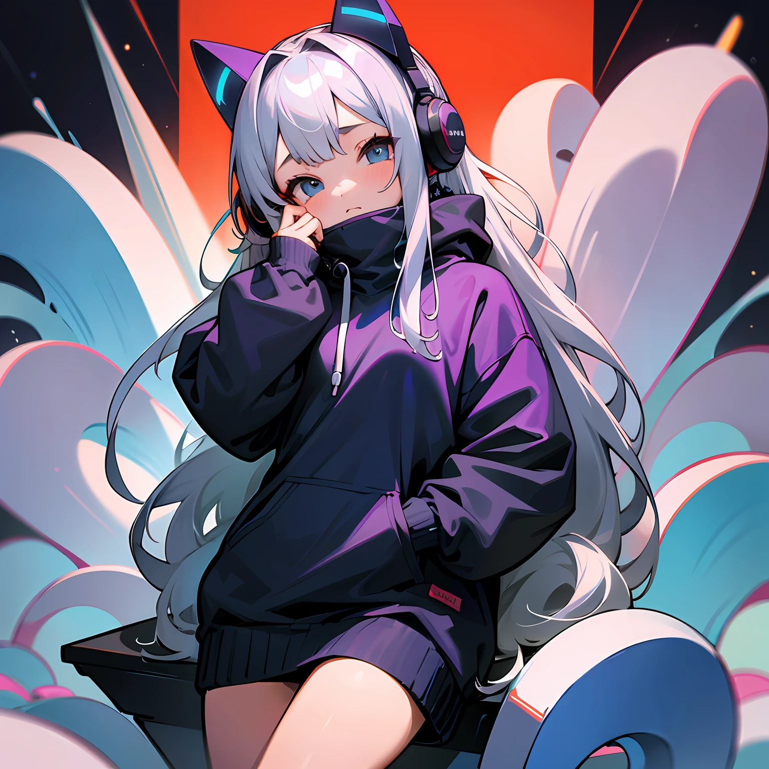 The colors are cold and rich, The gorgeous background makes the young girl in the sweatshirt stand out,She lifted her cheeks slightly,Look to the left,sitted,with headphones on,Silver hair stands out even more under the rich colors。