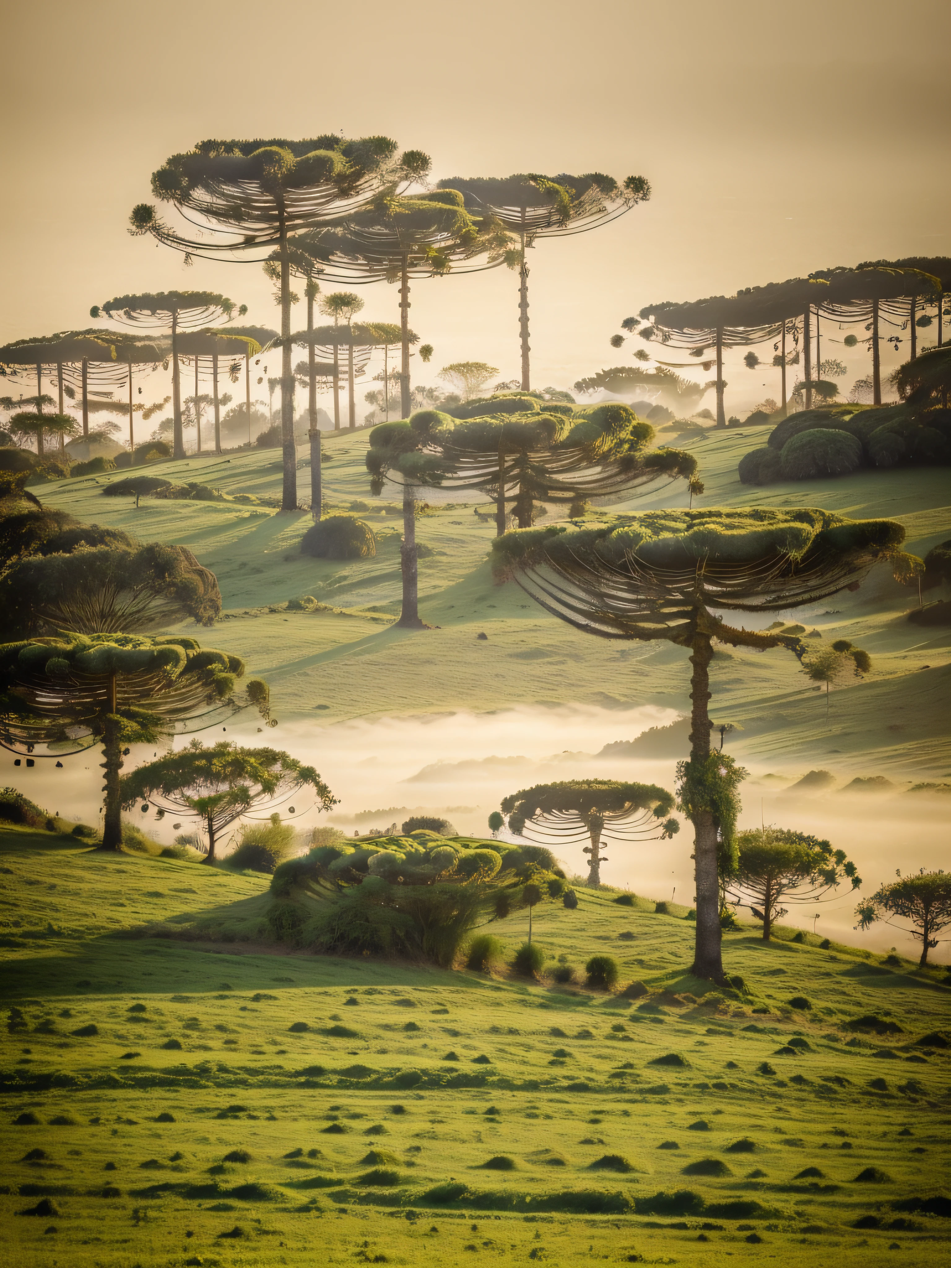 trees in a field with fog in the background, Floresta antiga como floresta fanal, paisagem bonita do pinheiro, beautiful trees, Pinhais, breath-taking beautiful trees, natureza realmente bonita, beautiful ancient trees, breath - taking beautiful trees, alien trees, beautiful forests and trees, Com pinheiros de matsu, Natureza Bonita, cabbage trees, enigmatic natural beauty