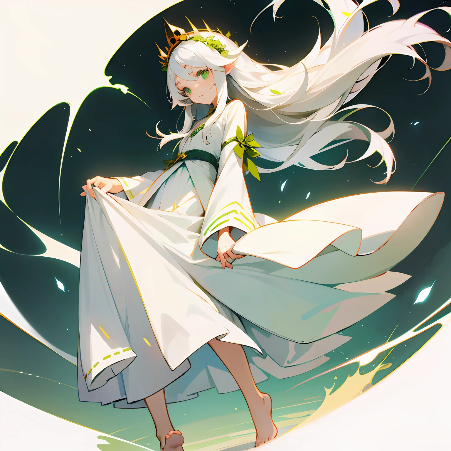 long white hair,Green eyes,Headband crown,a white long skirt,The barefoot。 --auto