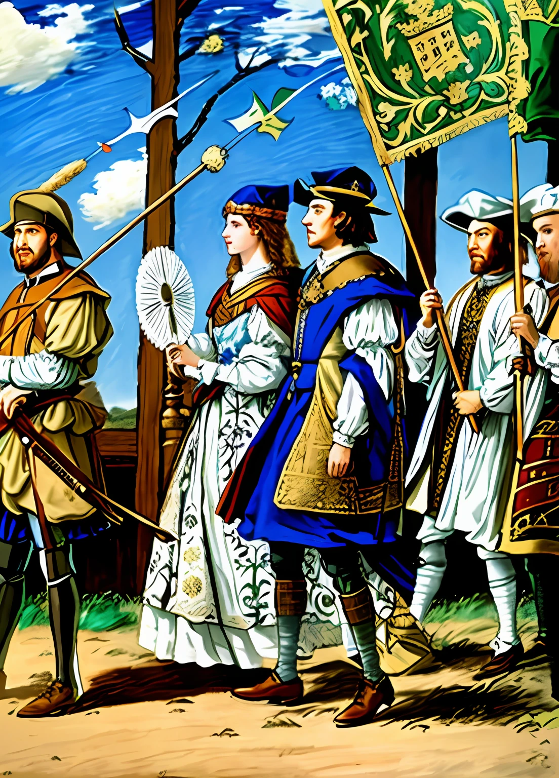 a drawing，A group of men dressed in medieval costumes held flags, Inspired by Albrecht Altdorf, Medieval illustration, Inspired by Hans Holbein the Younger, very detailed medieval, The woman holds a fan, Renaissance painting, dressed in medieval clothes, Inspired by Ambrosius Holbein, Renaissance costumes, dressed in medieval clothes, medieval clothing, opulent, tmasterpiece, The background is blue sky and white clouds