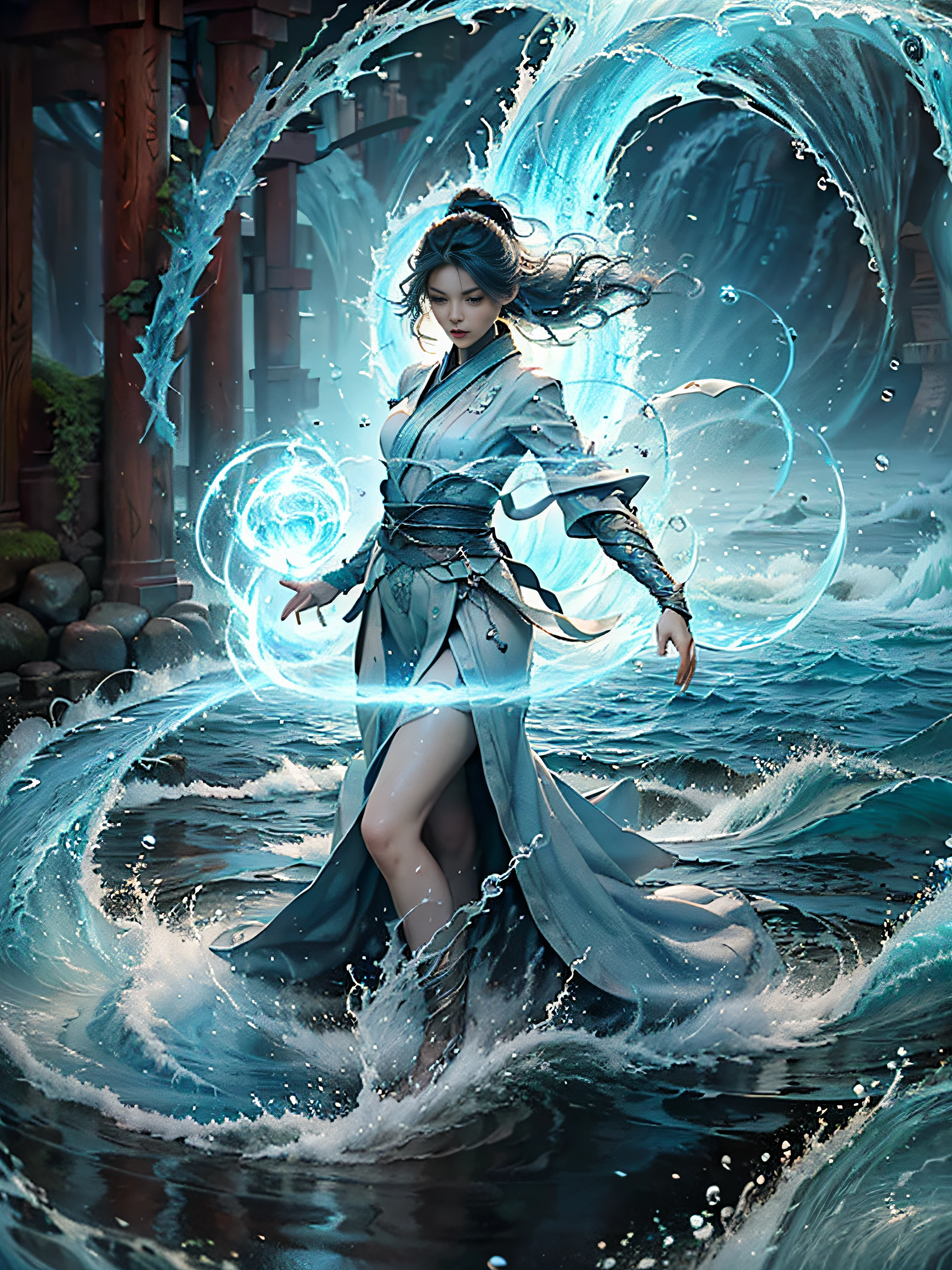 ((best quality)), ((masterpiece)), (detailed), (realistic), (official art), (extremely detailed CG unity 8k wallpaper), (water magic:1.2), (manipulating water:1.1), (elemental control:1.2), (graceful movements:1.1), (aquatic beauty:1.2), (mystical powers:1.2), (serene expression:1.1), (flowing tides:1.2), (sparkling droplets:1.2), (enchanted aura:1.1), (magical incantation:1.2), (rippling waves:1.2), (splendid water formations:1.1), (emerging from a water vortex:1.2), (resonating with nature:1.2), (commanding the elements:1.2), (translucent veil:1.1), (wisdom and power:1.2), (whirlpool of enchantment:1.2), (glowing water glyphs:1.1), (harmony with the sea:1.2), (mysterious origins:1.2), (harmonious balance:1.1), (serene strength:1.2), (spellbinding spectacle:1.2), (immersing in liquid magic:1.1), (embracing her destiny:1.2)