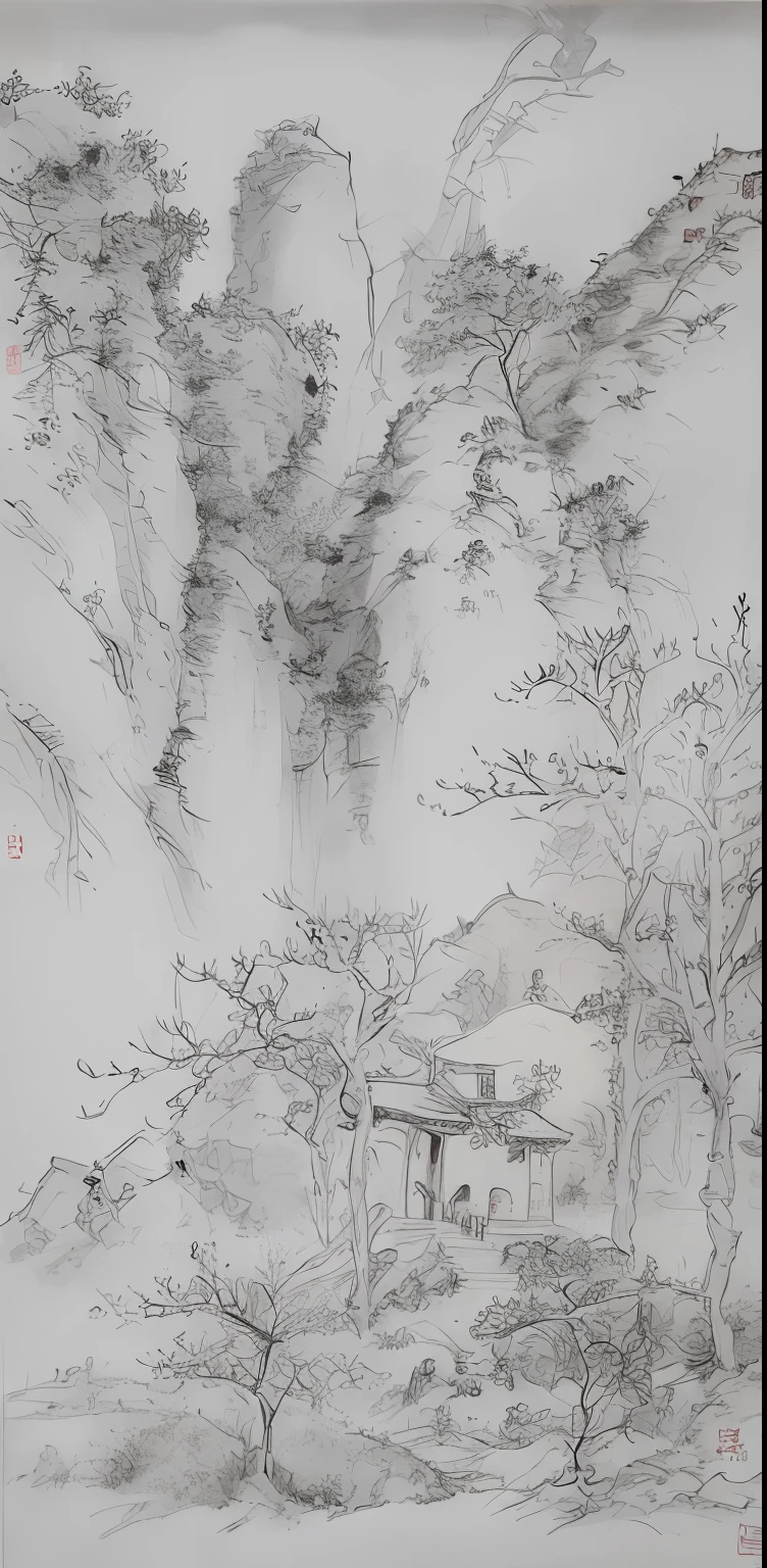 A mountain hut painted by Alafer（Contains trees），Take Dong Qichang、About Fu and other painters as inspiration，Create Guo Hua style，Yang Qi、Luo Qi participated in the design，It is characterized by smooth lines，The overall tone is mild，Touches organic。 --auto