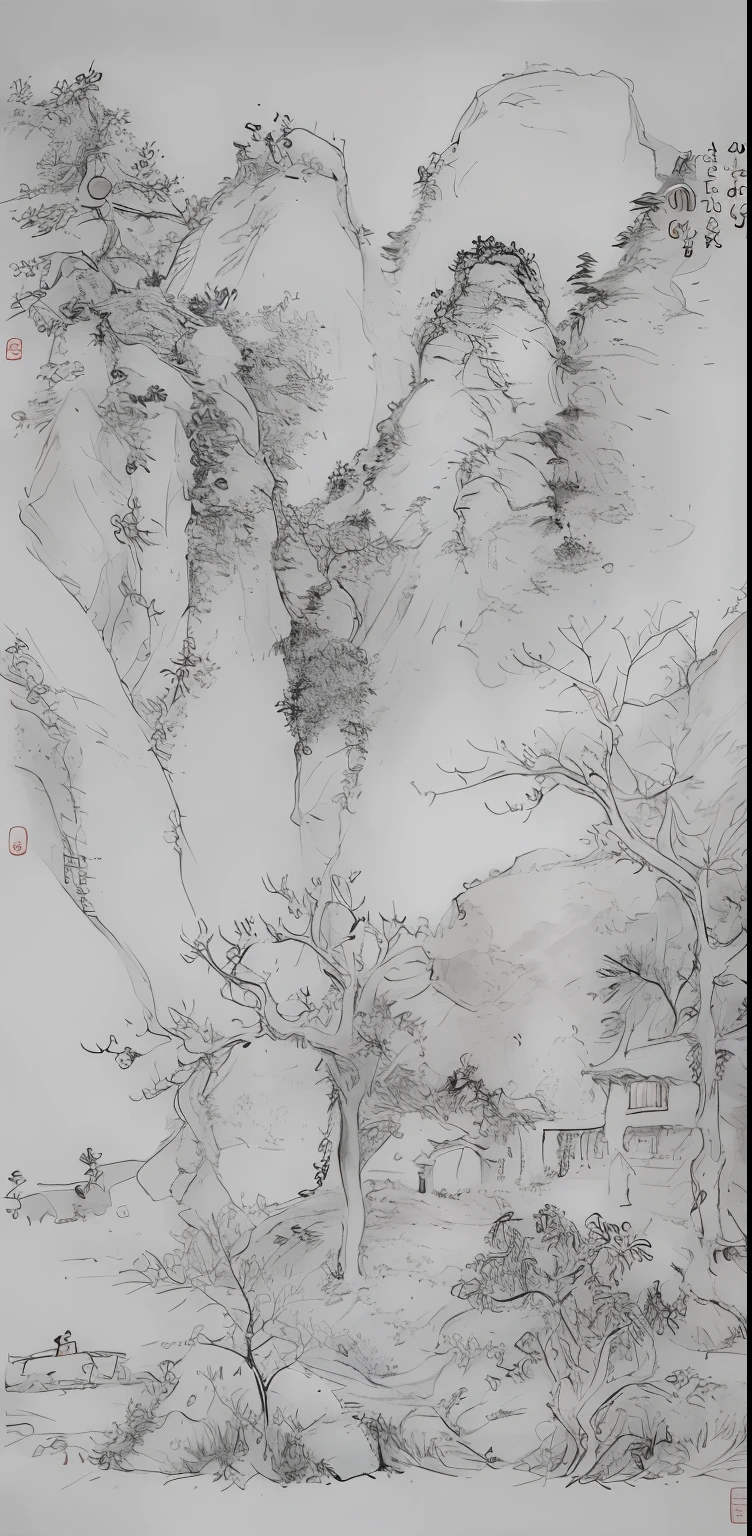 A mountain hut painted by Alafer（Contains trees），Take Dong Qichang、About Fu and other painters as inspiration，Create Guo Hua style，Yang Qi、Luo Qi participated in the design，It is characterized by smooth lines，The overall tone is mild，Touches organic。 --auto