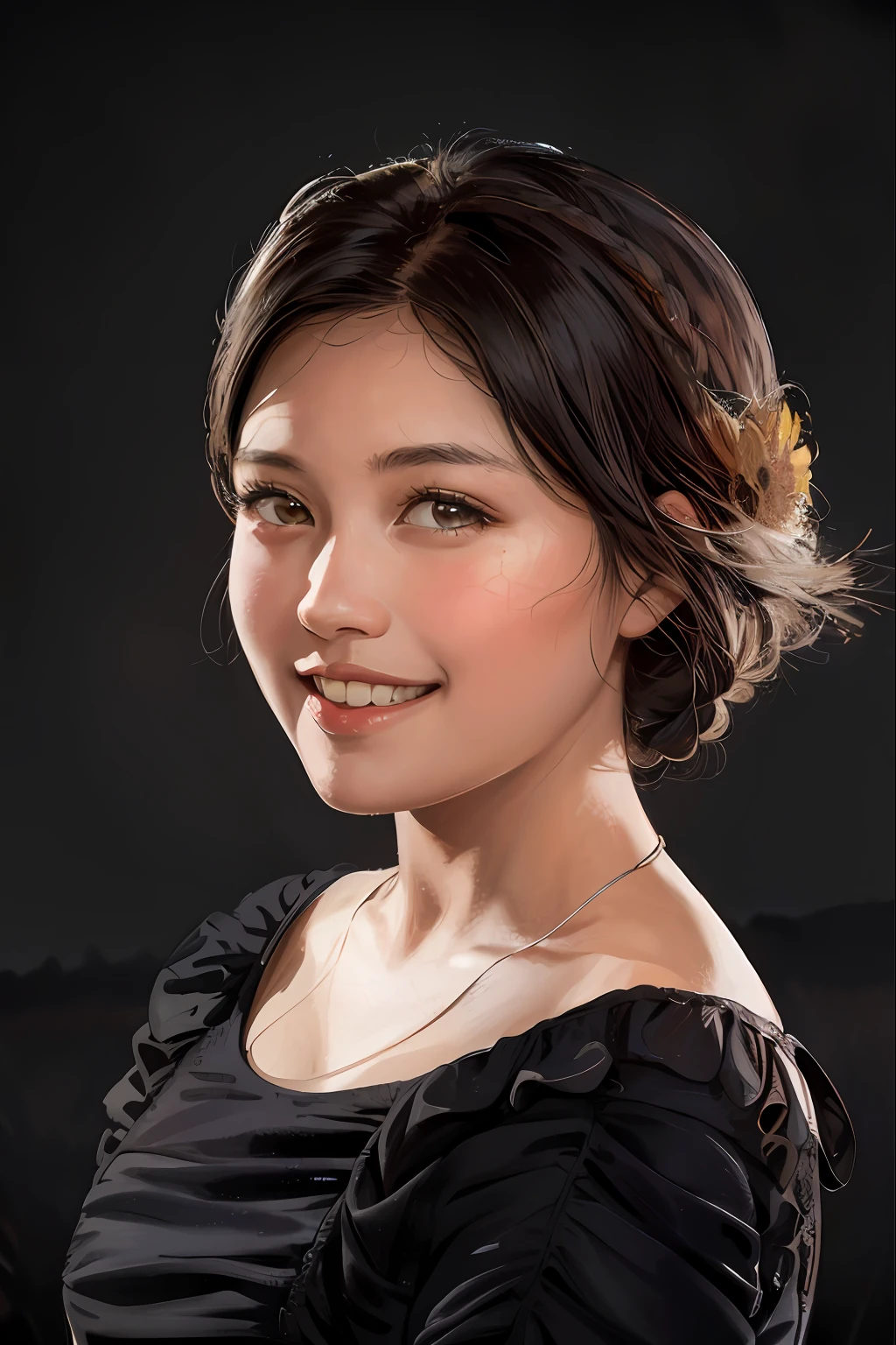 (4K quality, a masterpiece) A girl. He wears a sunflower straw hat and braids on his head. The background is a large field of sunflowers, rendered in oil painting style, with black hair in ultra high definition.