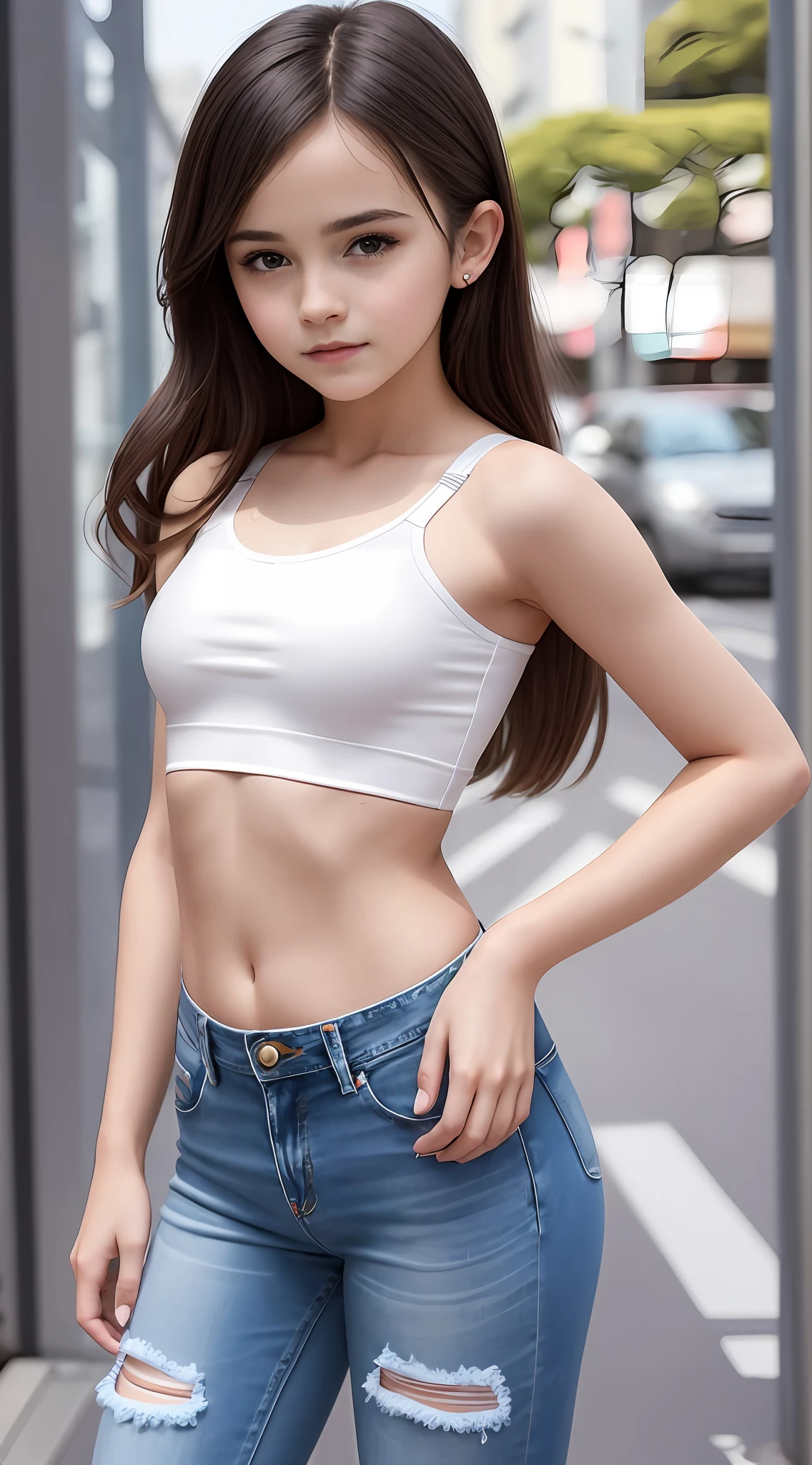 Girl posing for photo in white bra and tight denim、arm behind back、full body Esbian、Cropped T-shirt、bra very、Realistic, photos realistic、Fair skin and slim figure、Petite bust、Slim girl model similar to Emma Watson、-yeld Ja female model、 --auto