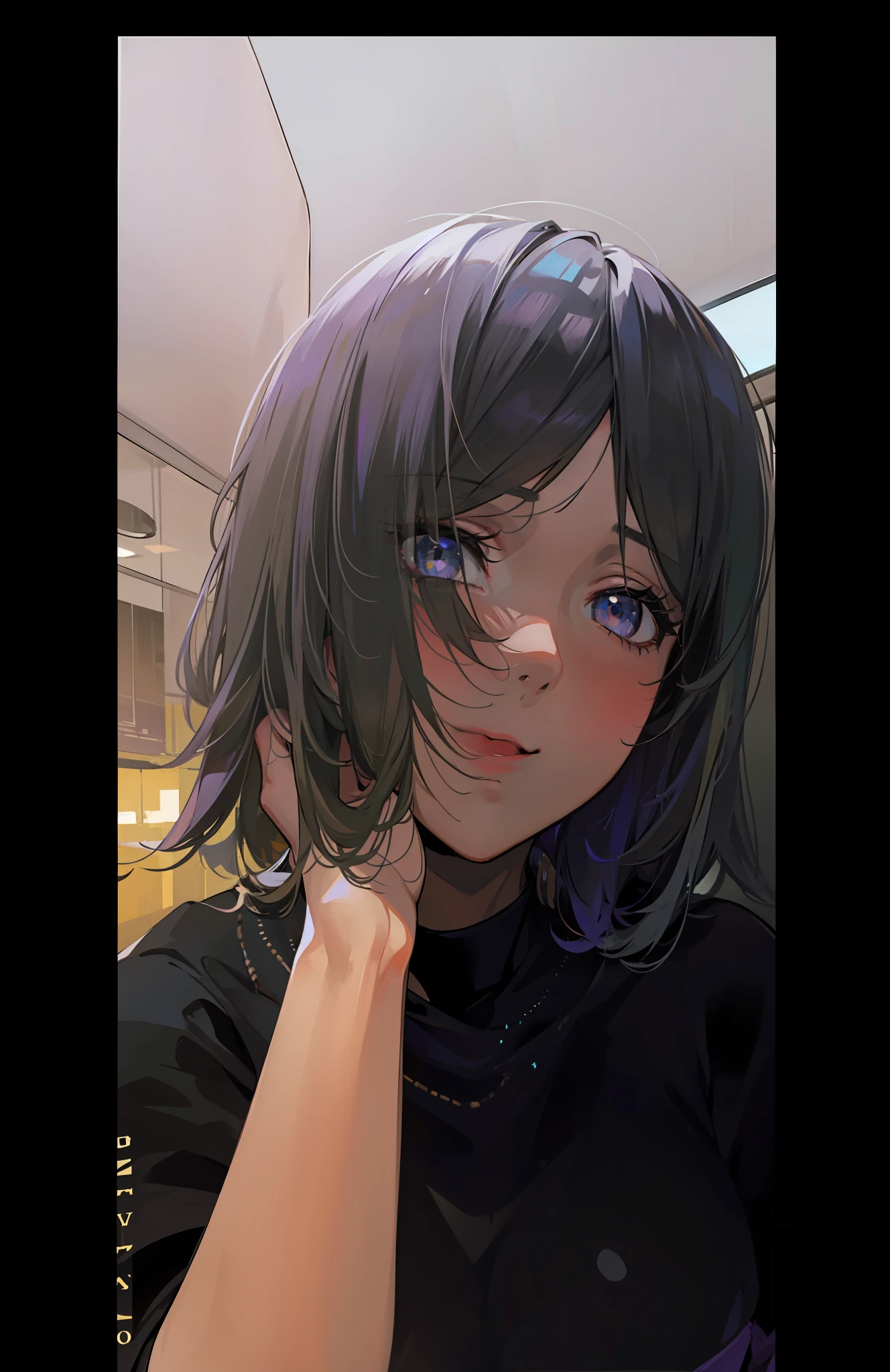 (masterpiece), (best quality), photorealism, realistic, ultra detailed, 8k resolution, ((1girl), solo)), (beautiful, (purple short hair, yellow highlight front bang)), (front light, cinematic light, cold light), ((moona hoshinova, vtuber, indoor, close up photo), black t-shirt, looking up, view from front), best propotional body, simetrical face, beautiful eyes, anime girl, vtuber picture
