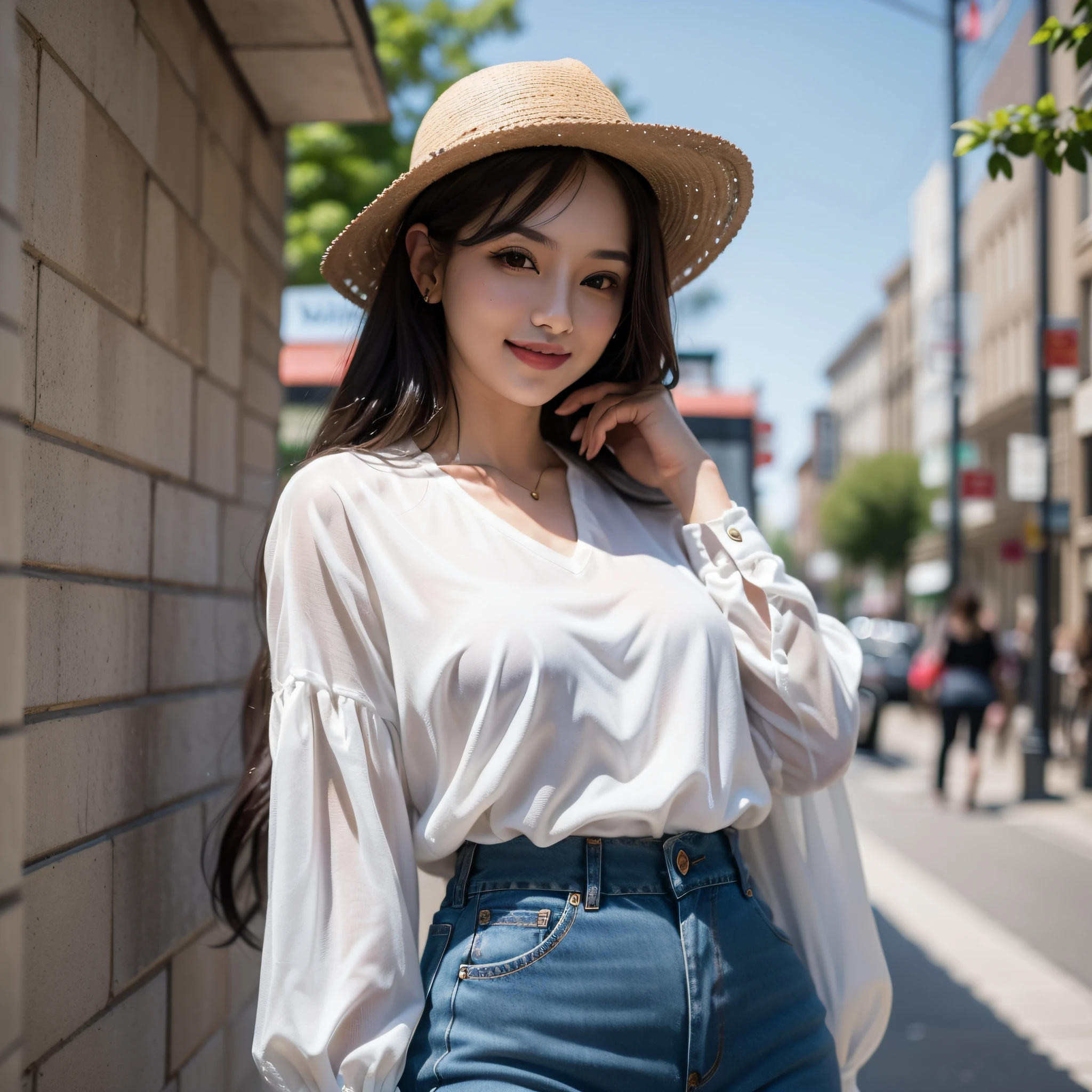 araffe smile woman in white shirt and jeans posing for a picture, casual white garment, long shirt, fine white shirt, white dress shirt, wearing white silk, white blouse, white shirt, clothed in white shirt, with white, trendy white clothing, loose - fitting blouses, wearing a white blouse, white clothes, wearing a blouse, wearing white shirt
