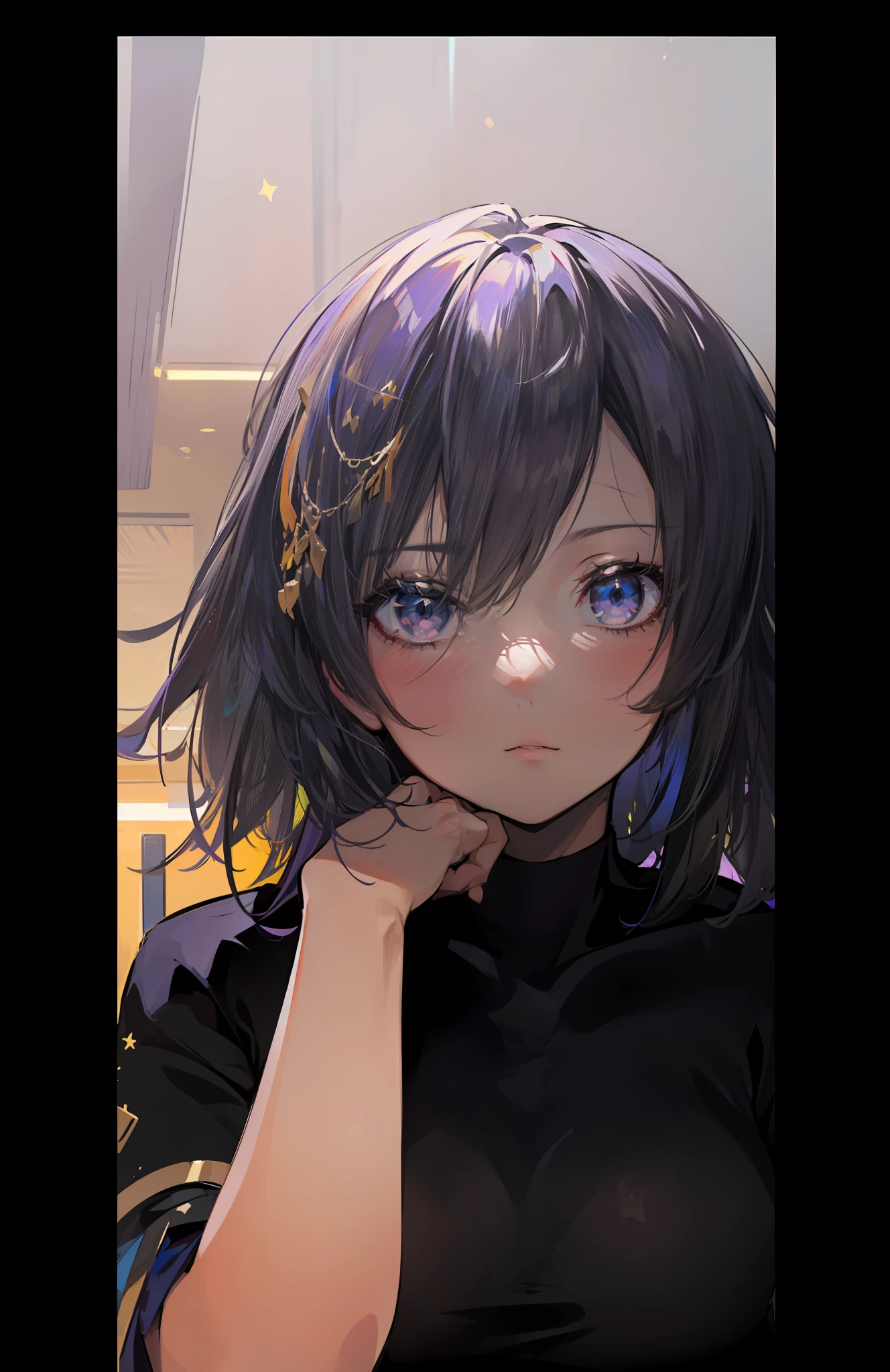 (masterpiece), (best quality), photorealism, realistic, ultra detailed, 8k resolution, ((1girl), solo)), (beautiful, (purple short hair, yellow highlight front bang)), (front light, cinematic light, cold light), ((moona hoshinova, vtuber, indoor, close up photo), black t-shirt, looking up, view from front), best propotional body, simetrical face, beautiful eyes, anime girl, vtuber picture