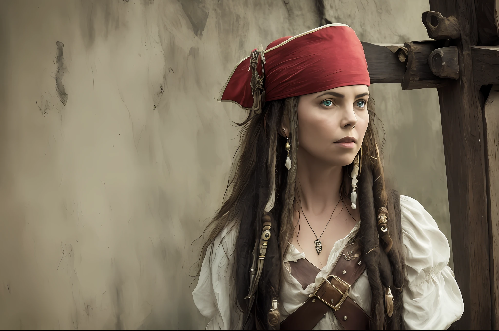 alone alone young Charlize Theron (((full-length in the frame))) stands on the deck of a pirate ship in clothes from the movie "Pirates of the Caribbean", a pirate headband, a pirate hat and an unbuttoned jacket, ultra sharpness and clarity of the entire frame, RAW photo, ultra quality and hyper detail, cinematic shot, (ultra skin texture detail: 1.5), tattoo, attractive and beautiful facial expression, film grain, (frame from the movie "Pirates of the Caribbean"), background - deck of a pirate ship