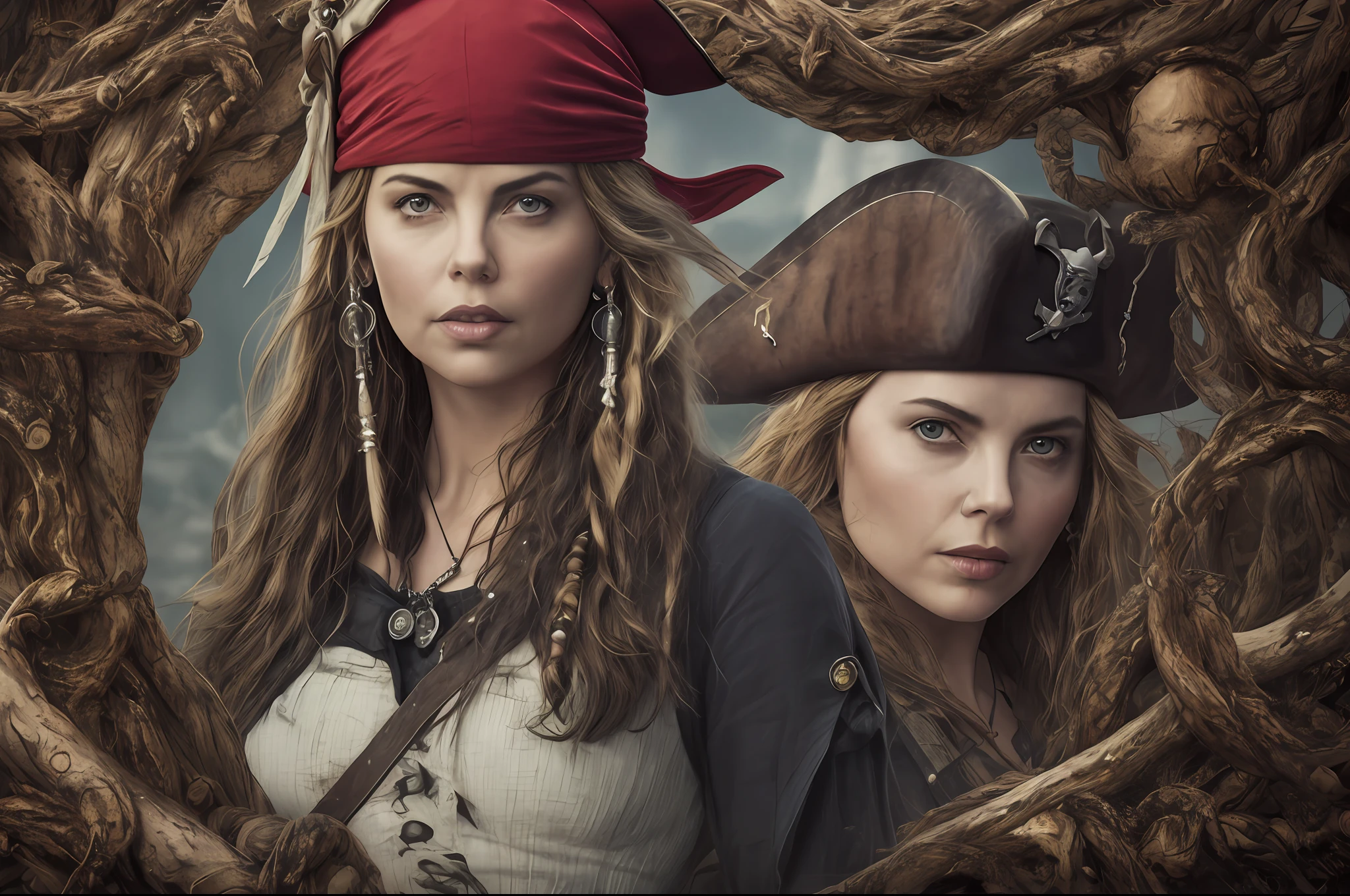 alone alone young Charlize Theron (((full-length in the frame))) stands on the deck of a pirate ship in clothes from the movie "Pirates of the Caribbean", a pirate headband, a pirate hat and an unbuttoned jacket, ultra sharpness and clarity of the entire frame, RAW photo, ultra quality and hyper detail, cinematic shot, (ultra skin texture detail: 1.5), tattoo, attractive and beautiful facial expression, film grain, (frame from the movie "Pirates of the Caribbean"), background - deck of a pirate ship