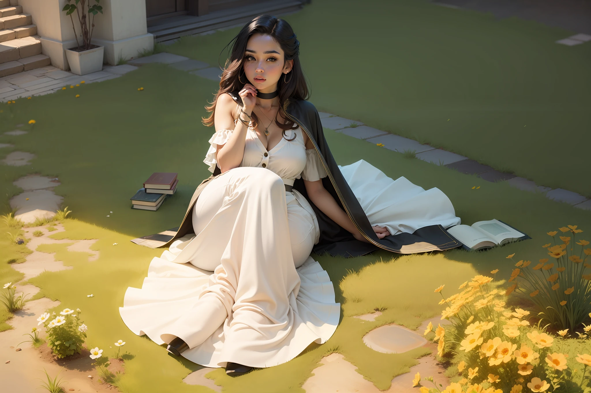 Floor glass, background: flower background, ultra realistic, besides some books and flowers. Bold look, hot girl