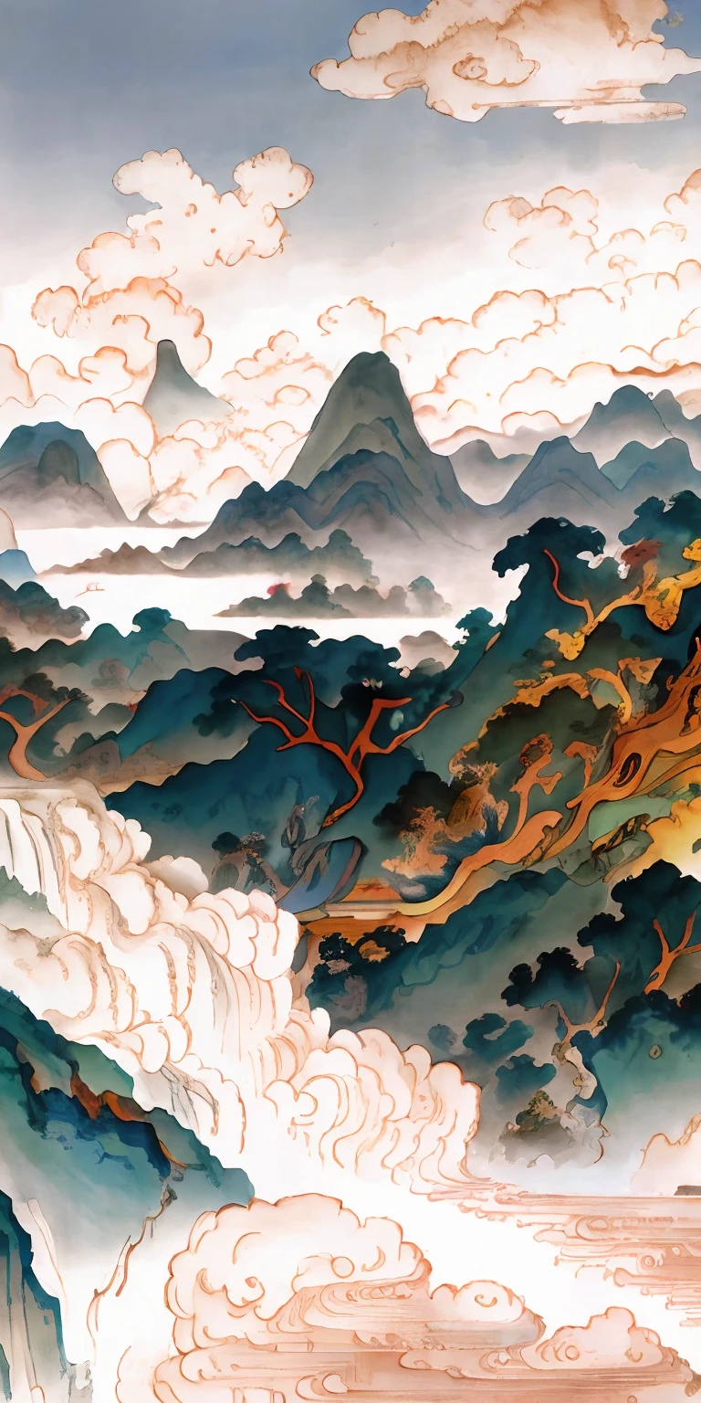 ink wash style,Traditional chinese painting,mountain water,Green Mountains and Green Water,After a hazy rain