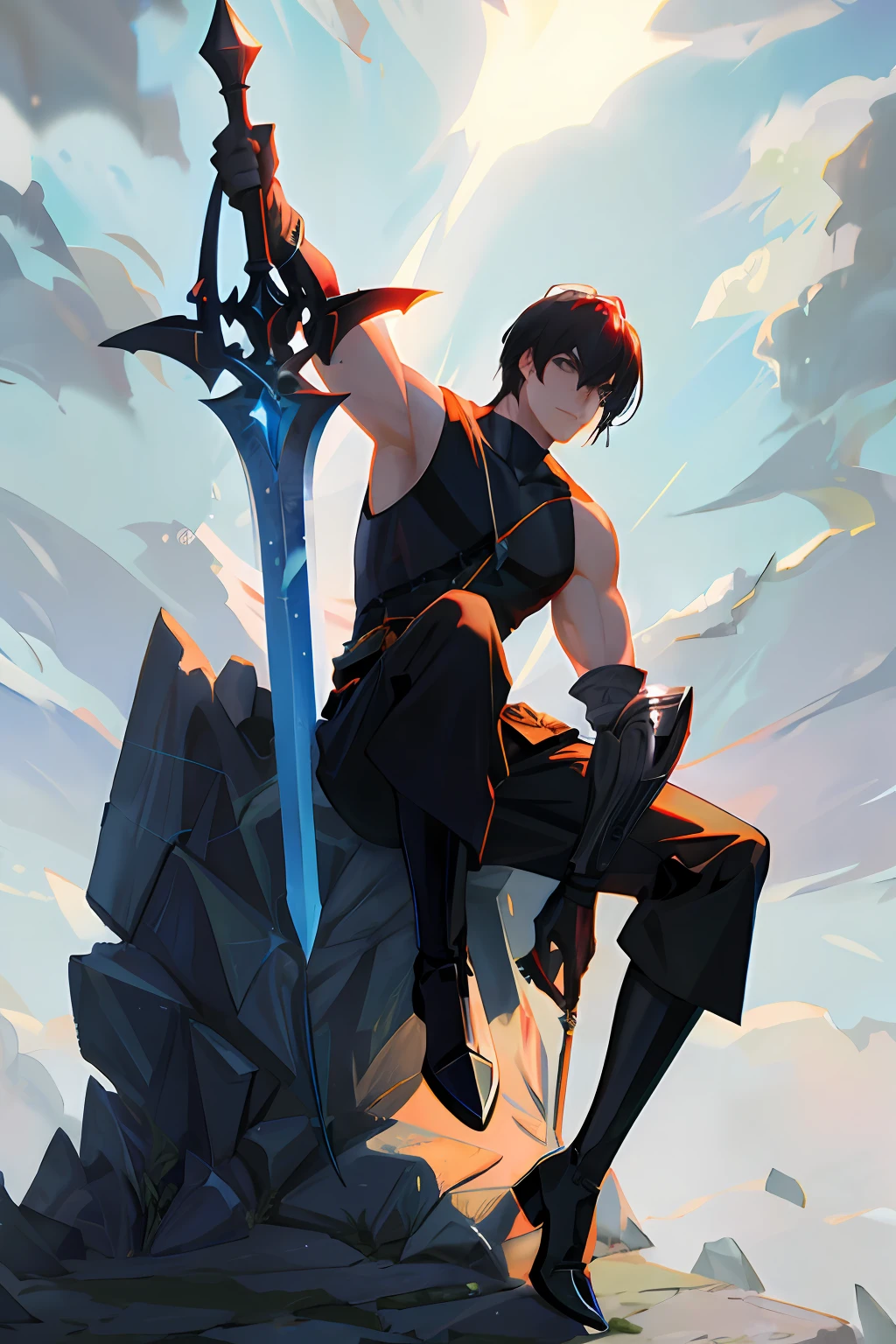The male，sitting on the stone，Hold the big sword，Solitude，Strong power spreads around