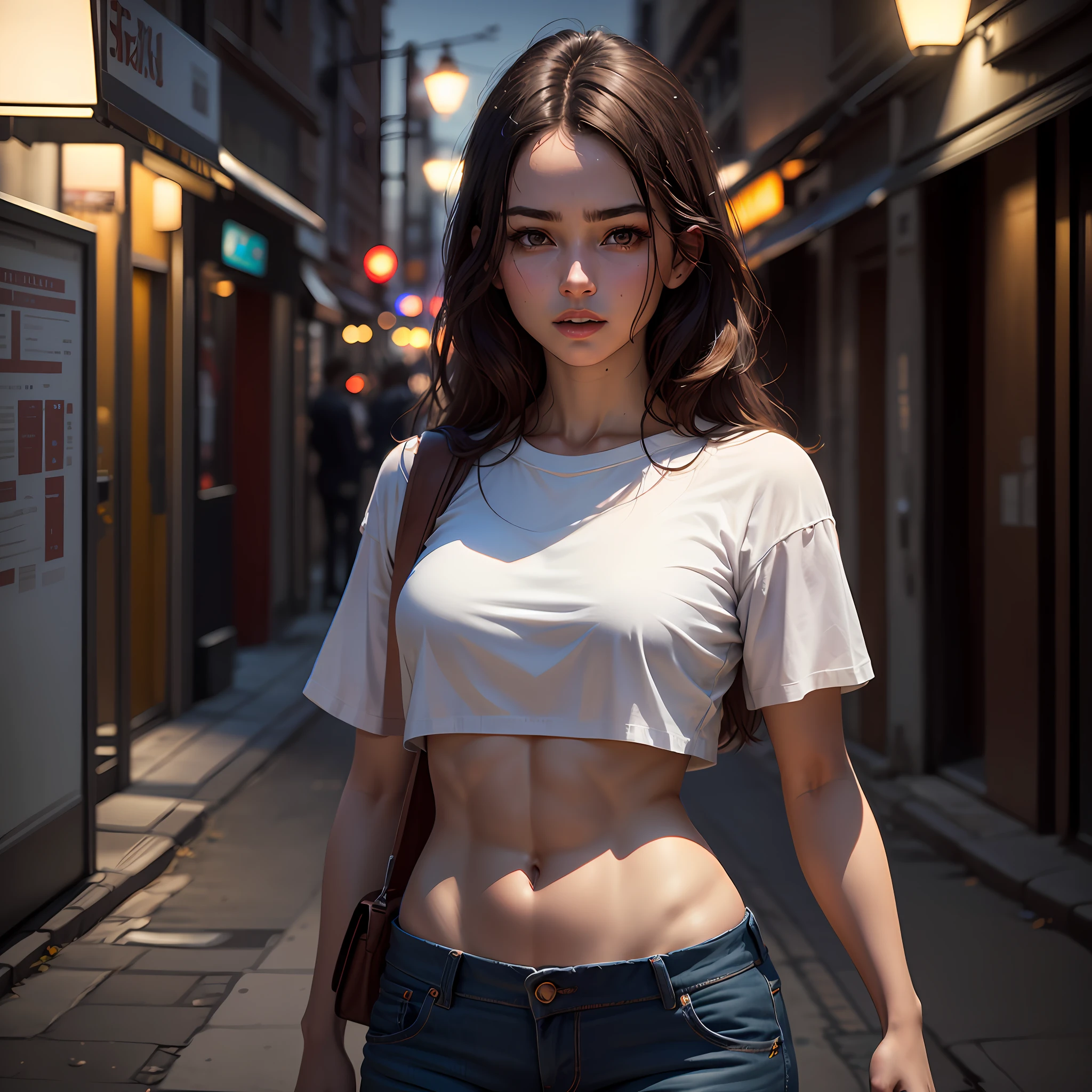 ((Realistic lighting, Best quality, 8K, Masterpiece: 1.3)), Clear focus: 1.2, 1girl, Perfect Figure: 1.4, Slim Abs: 1.1, ((Dark brown hair)), (White crop top: 1.4), (Outdoor, Night: 1.1), City streets, Super fine face, Fine eyes, Double eyelids, --auto