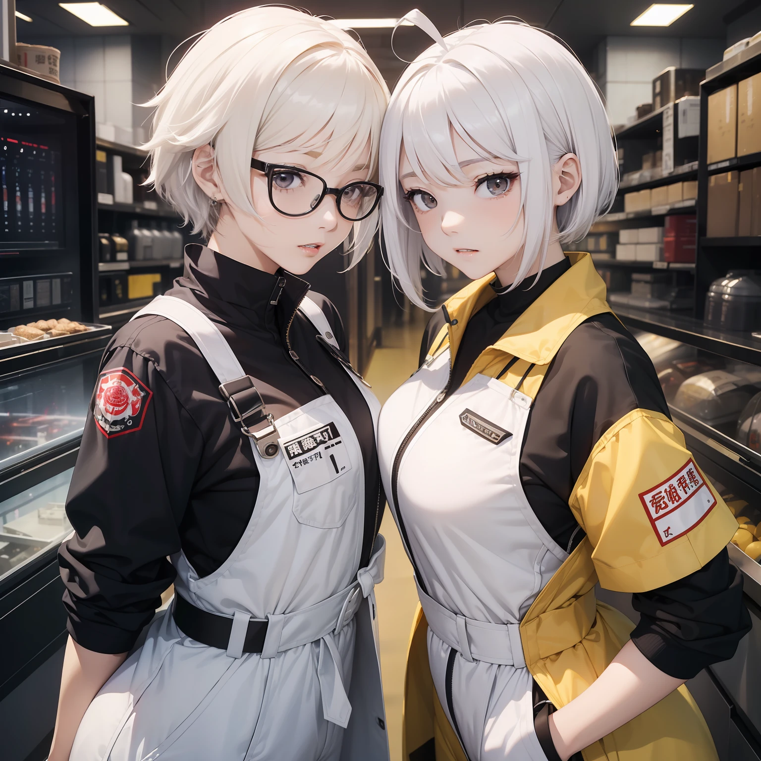 ((masterpiece、top-quality))、(独奏、from the front side、full bodyesbian)、(female focus)、(Ahoge、white hair、short-hair)、Black eye、double tooth、(Workwear、Coveralls、yellow)、is standing、cyberpunk、dynamic ungle
