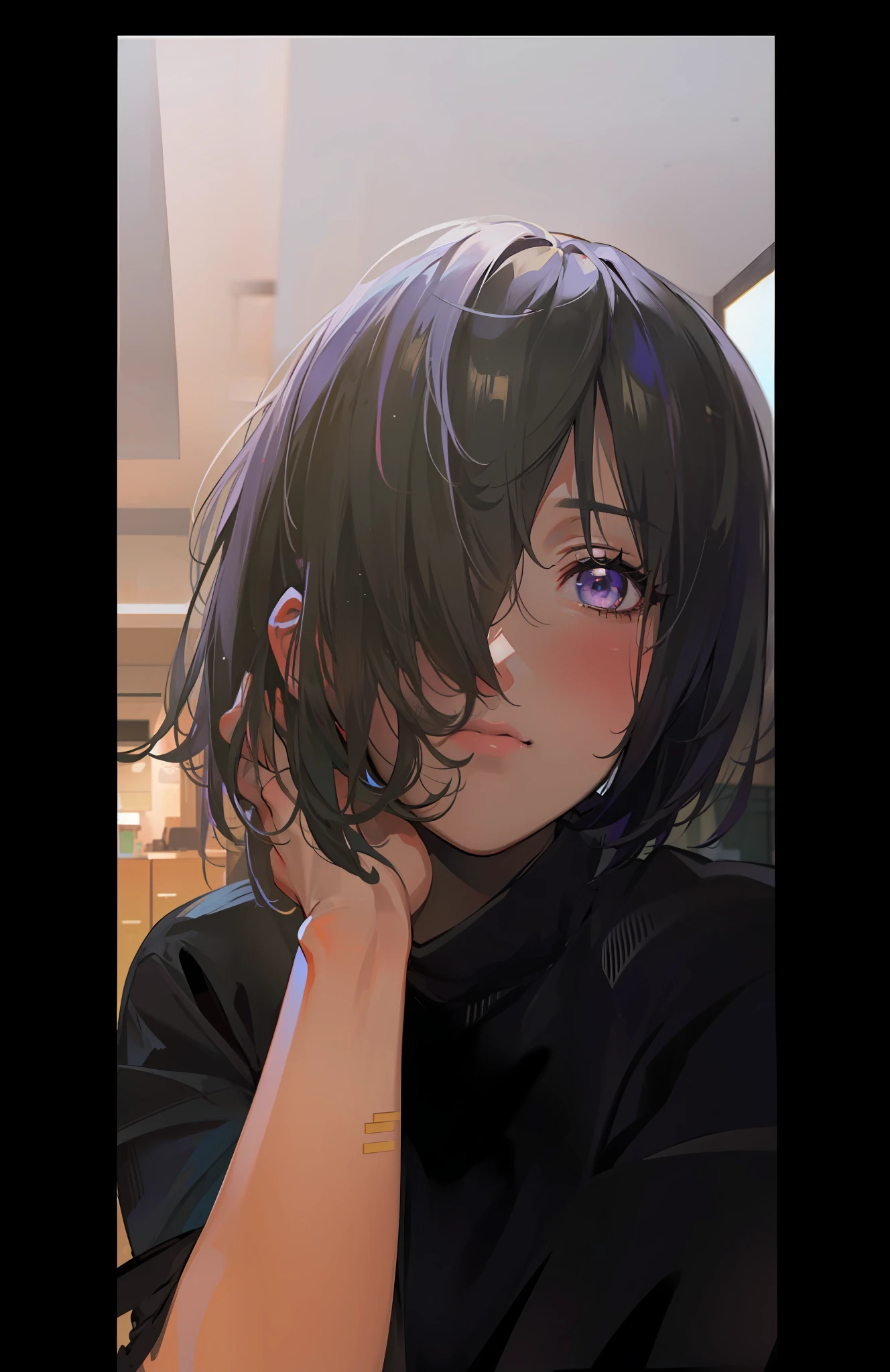 (masterpiece), (best quality), photorealism, realistic, ultra detailed, 8k resolution, ((1girl), solo)), (beautiful, (purple short hair, yellow highlight front bang)), (front light, cinematic light, cold light), ((moona hoshinova, vtuber, indoor, close up photo), black t-shirt, looking up, view from front), best propotional body, simetrical face, beautiful eyes, anime girl, vtuber picture