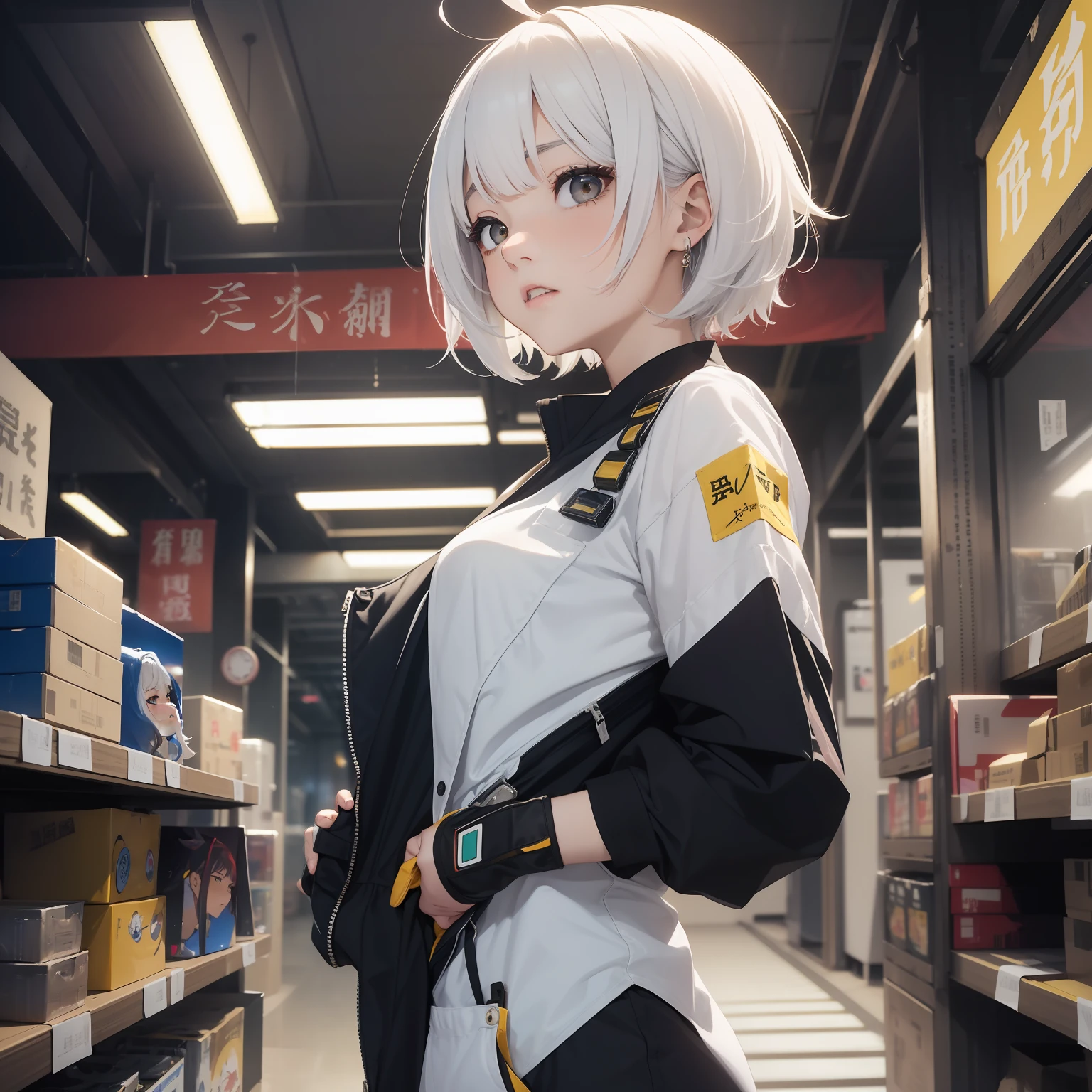 ((masterpiece、top-quality))、(独奏、from the front side、full bodyesbian)、(female focus)、(Ahoge、white hair、short-hair)、Black eye、double tooth、(Workwear、Coveralls、yellow)、is standing、cyberpunk、dynamic ungle