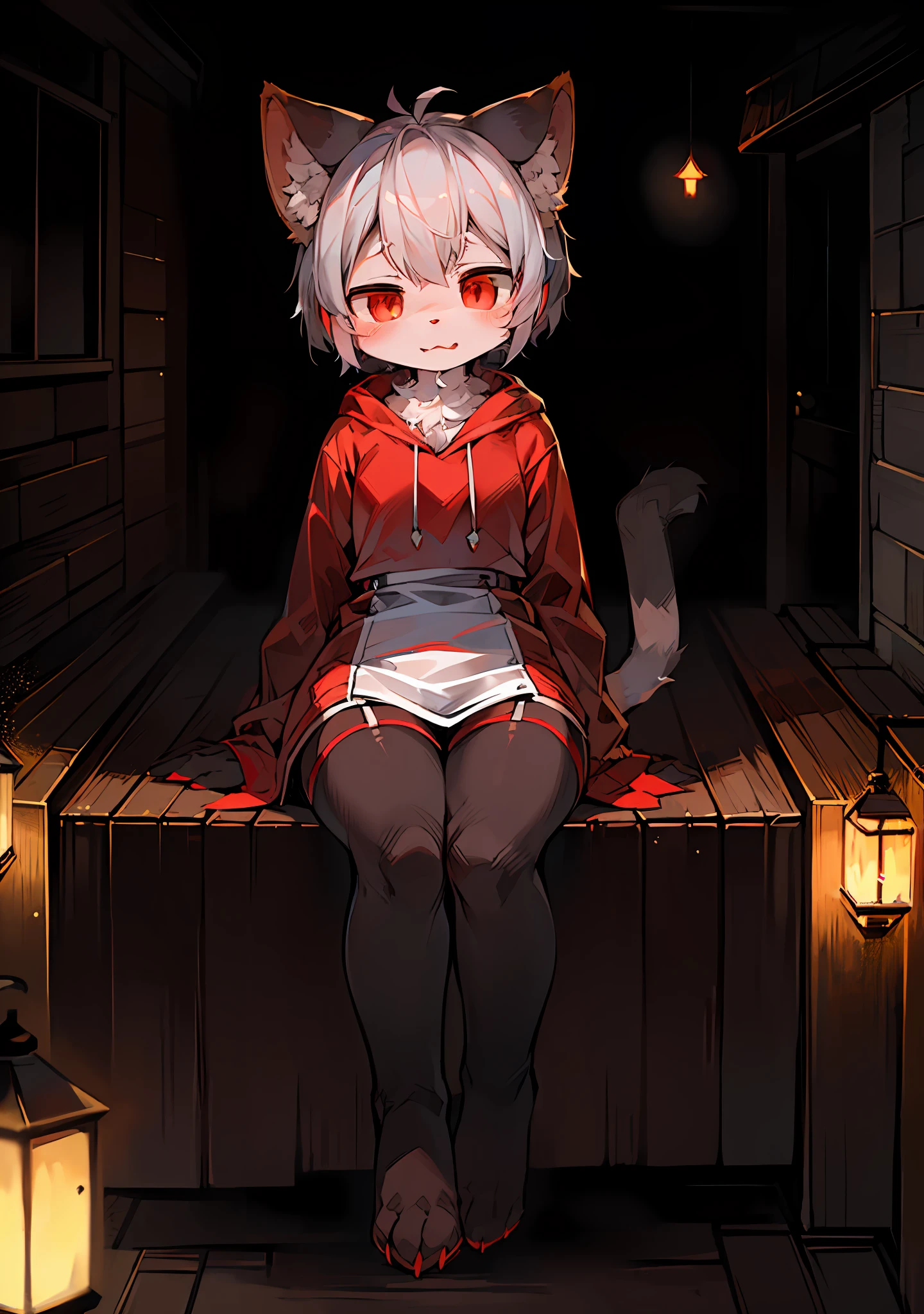 (Dark Environment: 0.8), Masterpiece, High Quality, Abstract Res, Digital Painting\(artwork\), by Dagasi, Yupa, Kiyosan, (Anthro, Fluffy Fur, Character Focus: 1.1), Anthro Male Cat, Short Hair, Portrait , bright eyes, panorama, character focus. (Detailed background: 0.7), solo, furry, furry female, female focus, anthr, (full body fur, fluffy tail, white fur, red eyes, gray hair: 1.2),