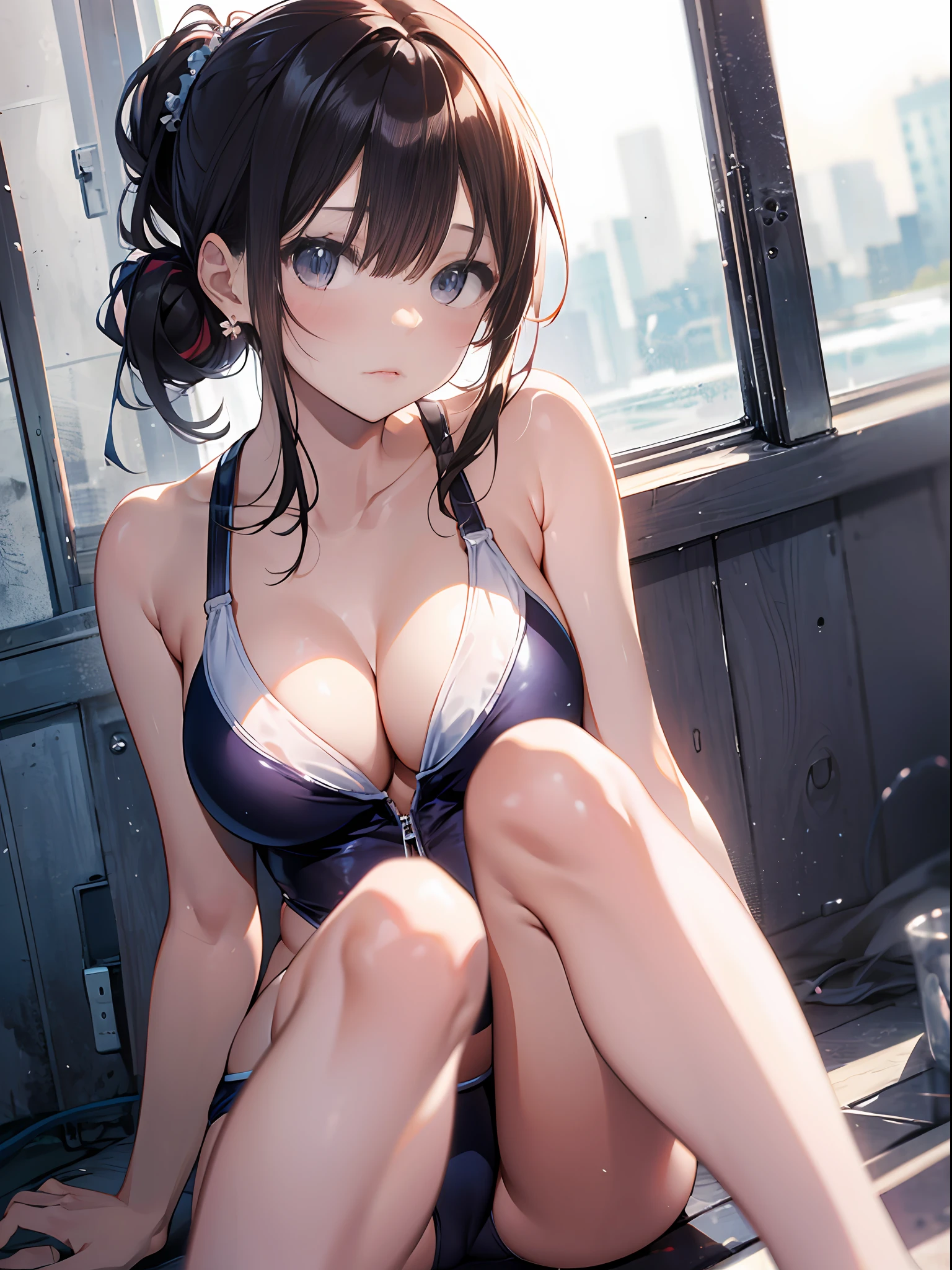 high-level image quality、top-quality、Does not blush cheeks、Slender beauty、{Uniform Swimwear}、{knee high}、shorth hair、put your hair up