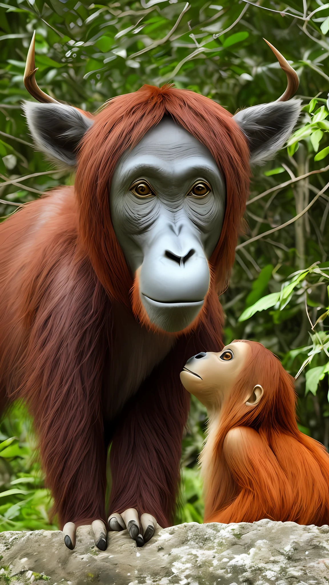 The deer's head followed the body of the orangutan