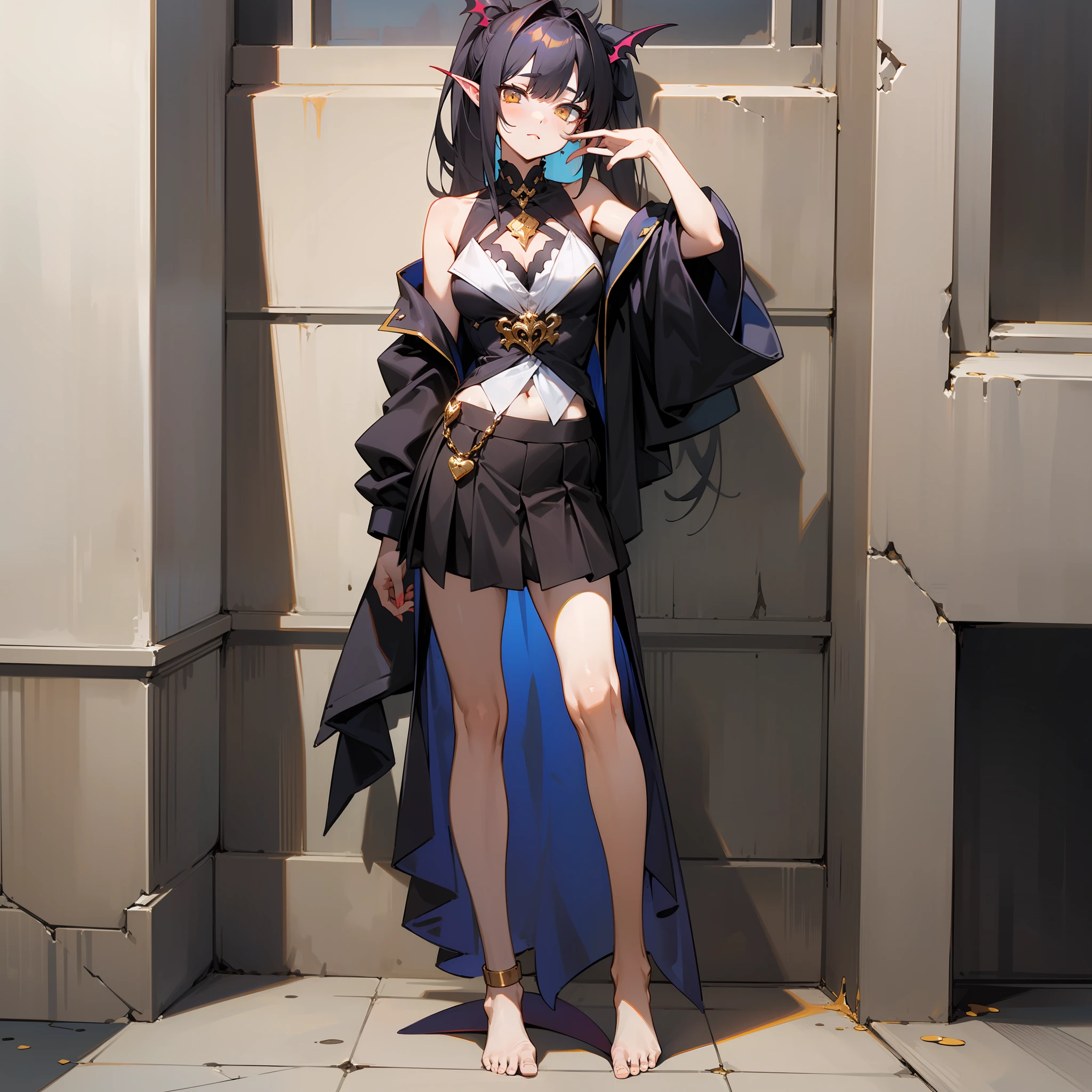 Special details,HighestQuali,Need,A detailed,succubi,One guy,Black double ponytail,Golden eyes,Angular,Heart-shaped tail,a black skirt,Barefoot,standing against the wall,Behind is the wall,The tone is dim,Tension,