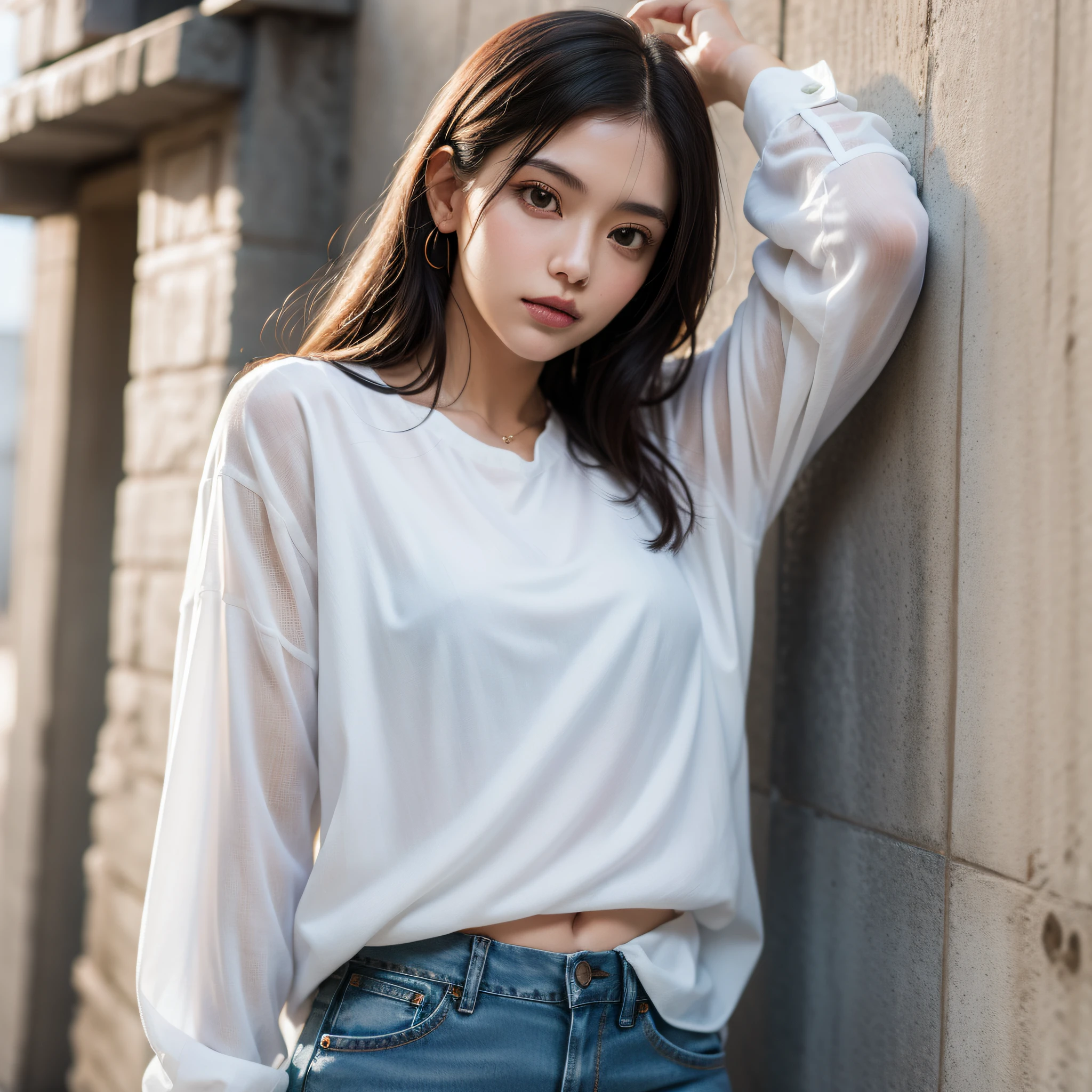 araffe woman in white shirt and jeans posing for a picture, casual white garment, long shirt, fine white shirt, white dress shirt, wearing white silk, white blouse, white shirt, clothed in white shirt, with white, trendy white clothing, loose - fitting blouses, wearing a white blouse, white clothes, wearing a blouse, wearing white shirt