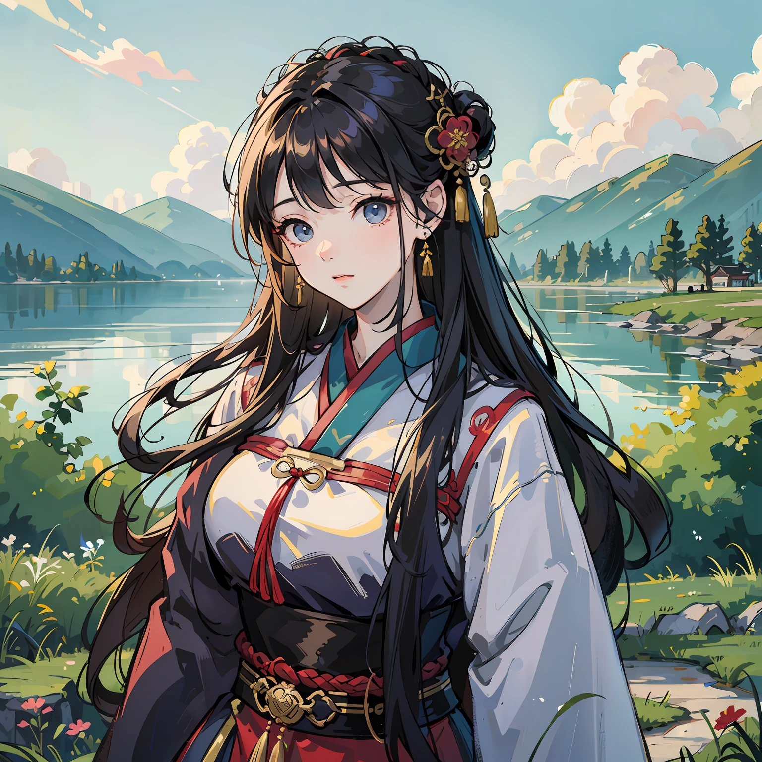 tmasterpiece，1boy，年轻，Chinese ancient style，nipple tassels，Green period costume，Black hair draped，The upper part of the body，River in the background，Hairpins，pleasing，Chinese knot --auto