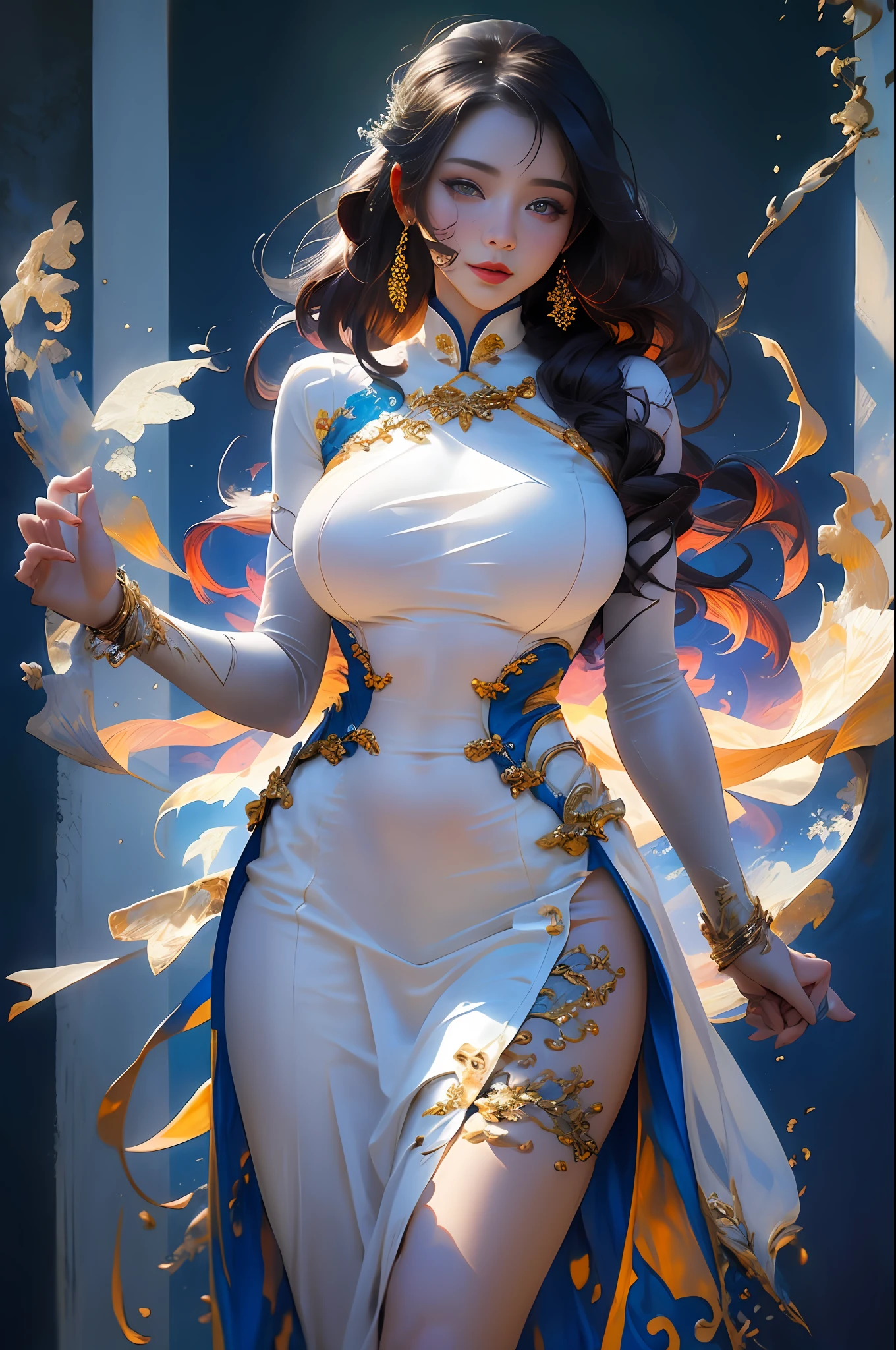 A beautiful girl, 22 years old, sexy theme, perfect face shape, oversize model, mature woman, tall long legs, (((super huge breasts))), (((glazed pupils))), long messy hair, happy, hand details, finger details, beautiful anime Huaifu style girl, super detailed painting, luminescism, art concept art by Kahn Griffith and Vadim Kashin, abstract beauty, standing, close to perfection, pure form, golden ratio, concept art, by Brian Froud, Carne Griffiths, Wadim Kashin and John William Waterhouse, intricate detail, 16k post-production, high resolution, hyperdetail, Artstation trend, sharp focus, studio photos, intricate detail, high detail,She wears the traditional Vietnamese dress ao dai , ao dai Vietnamese,She has big breasts, saggy breasts,She has beautiful big round eyes ,Double eyelid