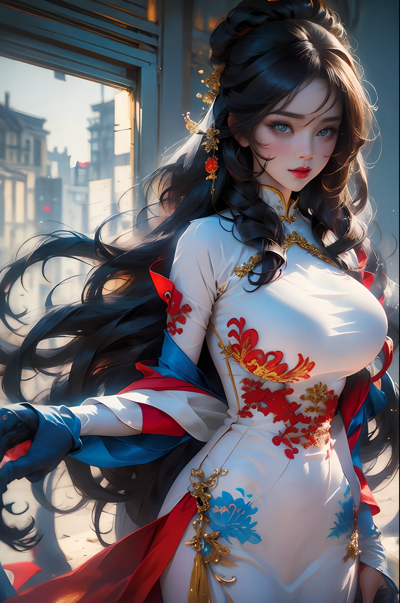 A beautiful girl, 22 years old, sexy theme, perfect face shape, oversize model, mature woman, tall long legs, (((super huge breasts))), (((glazed pupils))), long messy hair, happy, hand details, finger details, beautiful anime Huaifu style girl, super detailed painting, luminescism, art concept art by Kahn Griffith and Vadim Kashin, abstract beauty, standing, close to perfection, pure form, golden ratio, concept art, by Brian Froud, Carne Griffiths, Wadim Kashin and John William Waterhouse, intricate detail, 16k post-production, high resolution, hyperdetail, Artstation trend, sharp focus, studio photos, intricate detail, high detail,She wears the traditional Vietnamese dress ao dai , ao dai Vietnamese,She has big breasts, saggy breasts,She has beautiful big round eyes ,Double eyelid