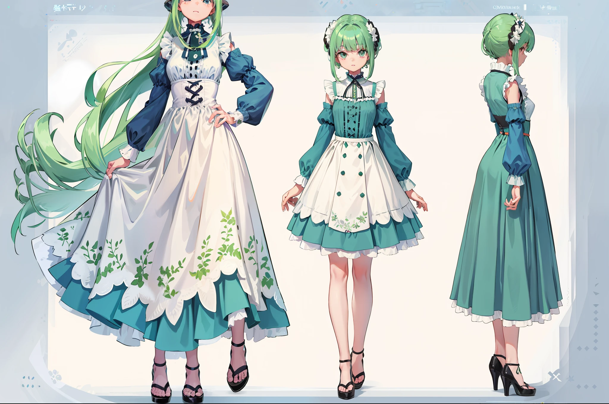 multiple views,1girll,is wearing dress,Pure cotton jacquard,pastel green,Button,ellegance,high-waist,rural style,simplebackground,white backgrounid,full bodyesbian。
