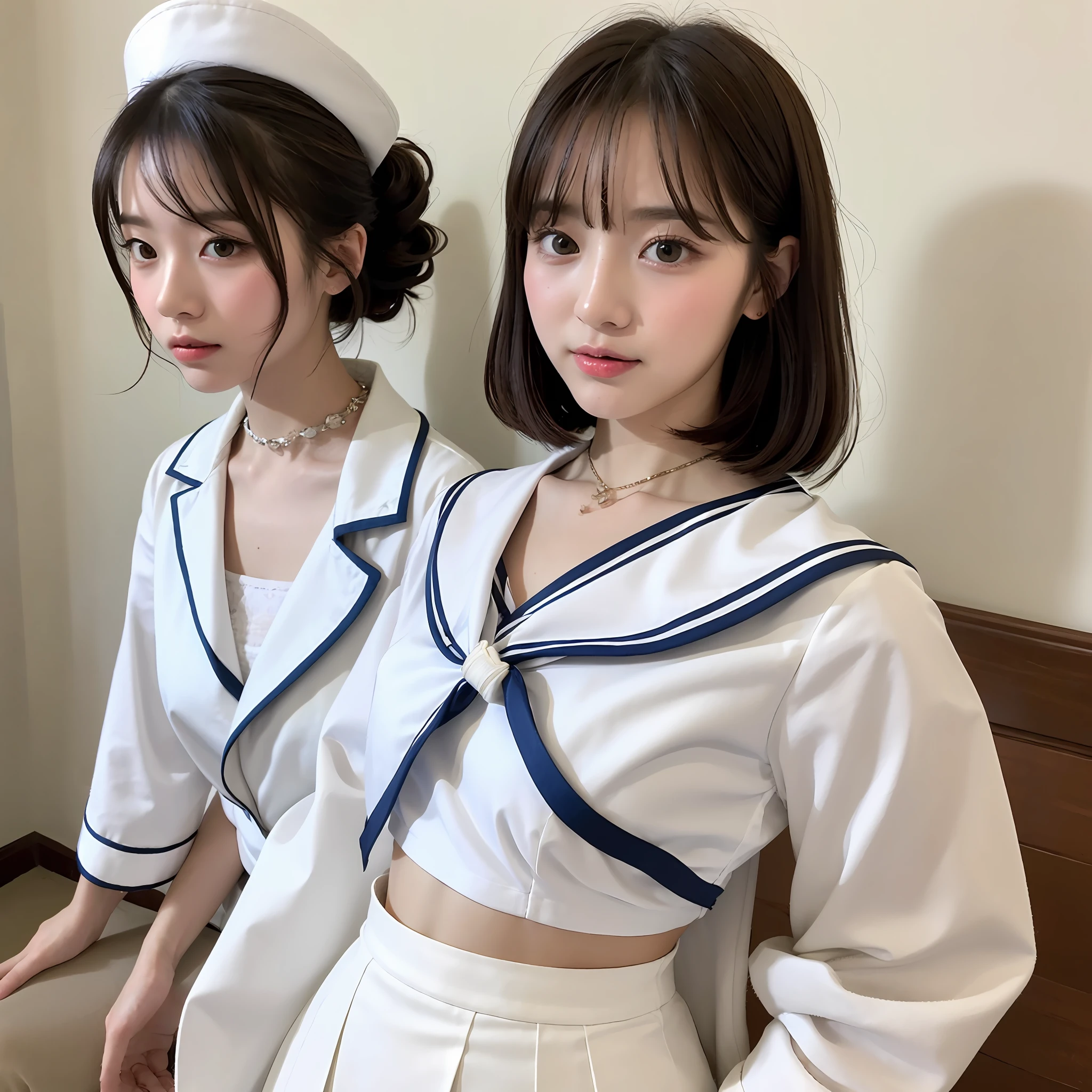 a close up of a woman in a white shirt and grey skirt, white hime cut hairstyle, smooth white tight clothes suit, White blouse, wearing white v - neck top, wearing shirt, white trendy clothes, White Hanfu, White color, In a white blouse shirt, loose coat collar sailor uniform, Korean girl, fine white shirt, young and cute girl --auto