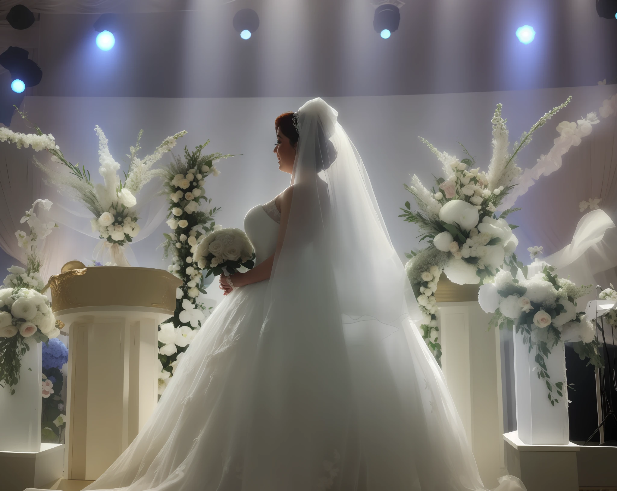 The bride in her wedding dress stands in front of the stage with flowers, luxurious wedding, background is heavenly, very magical and dreamy, Bride, 🤬 🤮 💕 🎀, with backdrop of natural light, Wedding, Wedding dress, standing in front of the altar, be on stage, foreground background, in front of white back drop, the best ever, At the wedding site,The side face is half exposed
